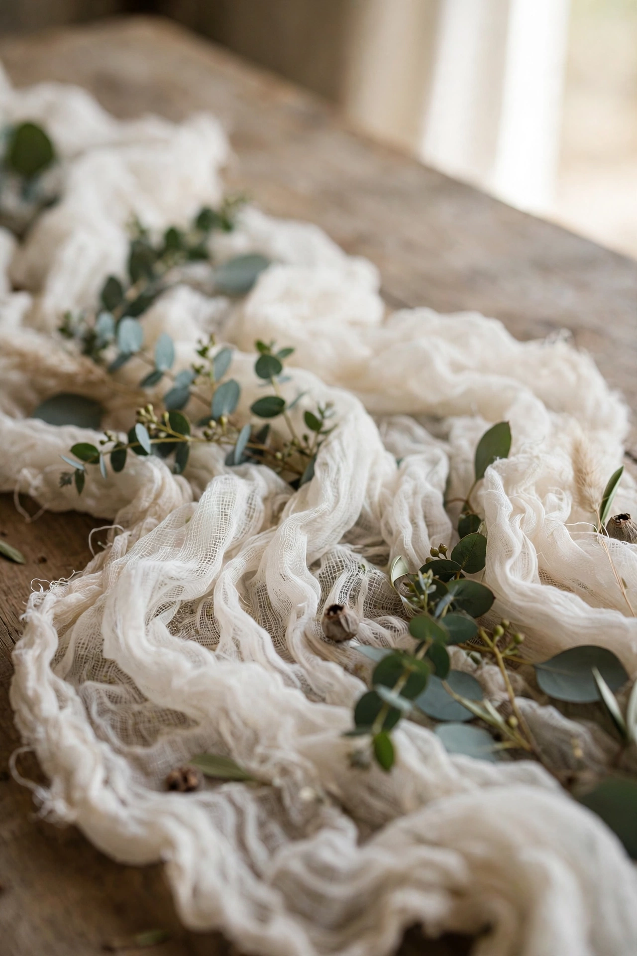 Ivory cheesecloth table runner scrunched on wedding table with eucalyptus