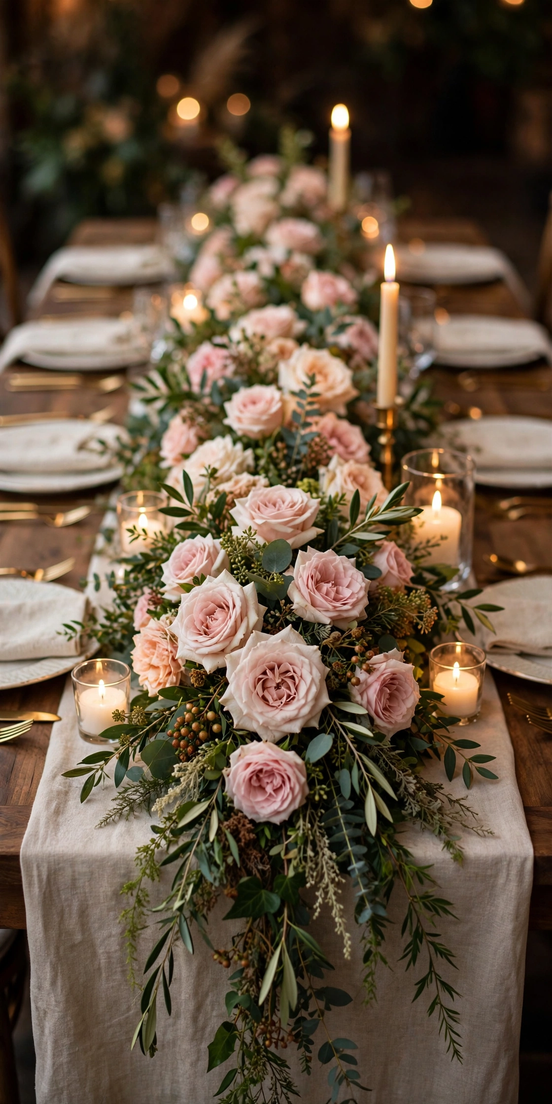 Lush floral garland table runner with roses and greenery on reception table