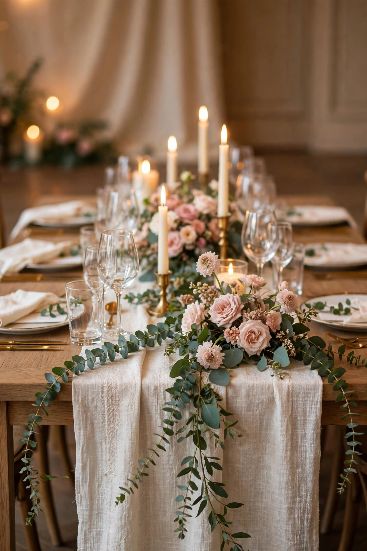 Elegant wedding reception table with textured ivory linen table runner, greenery and candles
