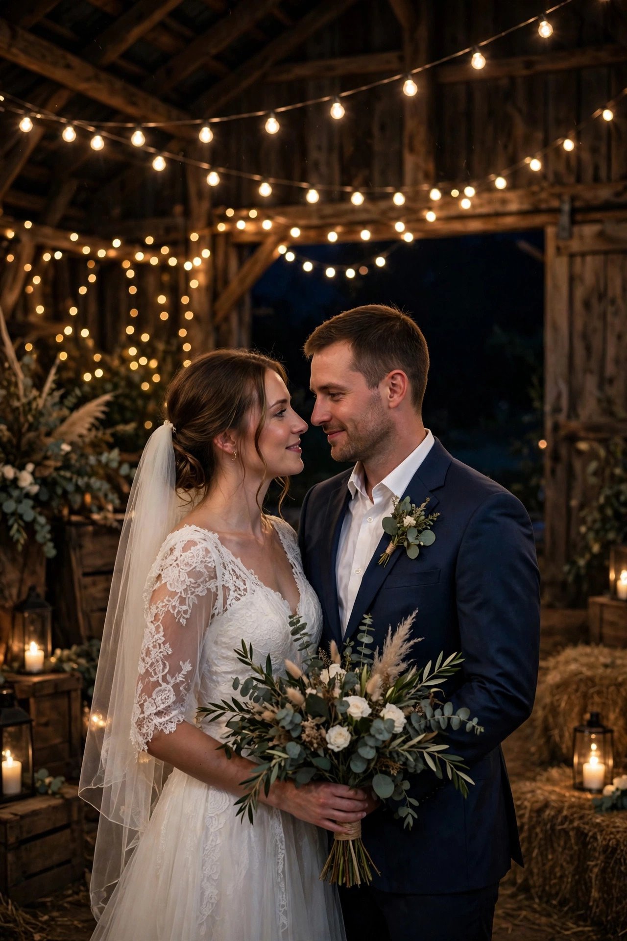 Rustic barn wedding venue glowing with string lights after dark
