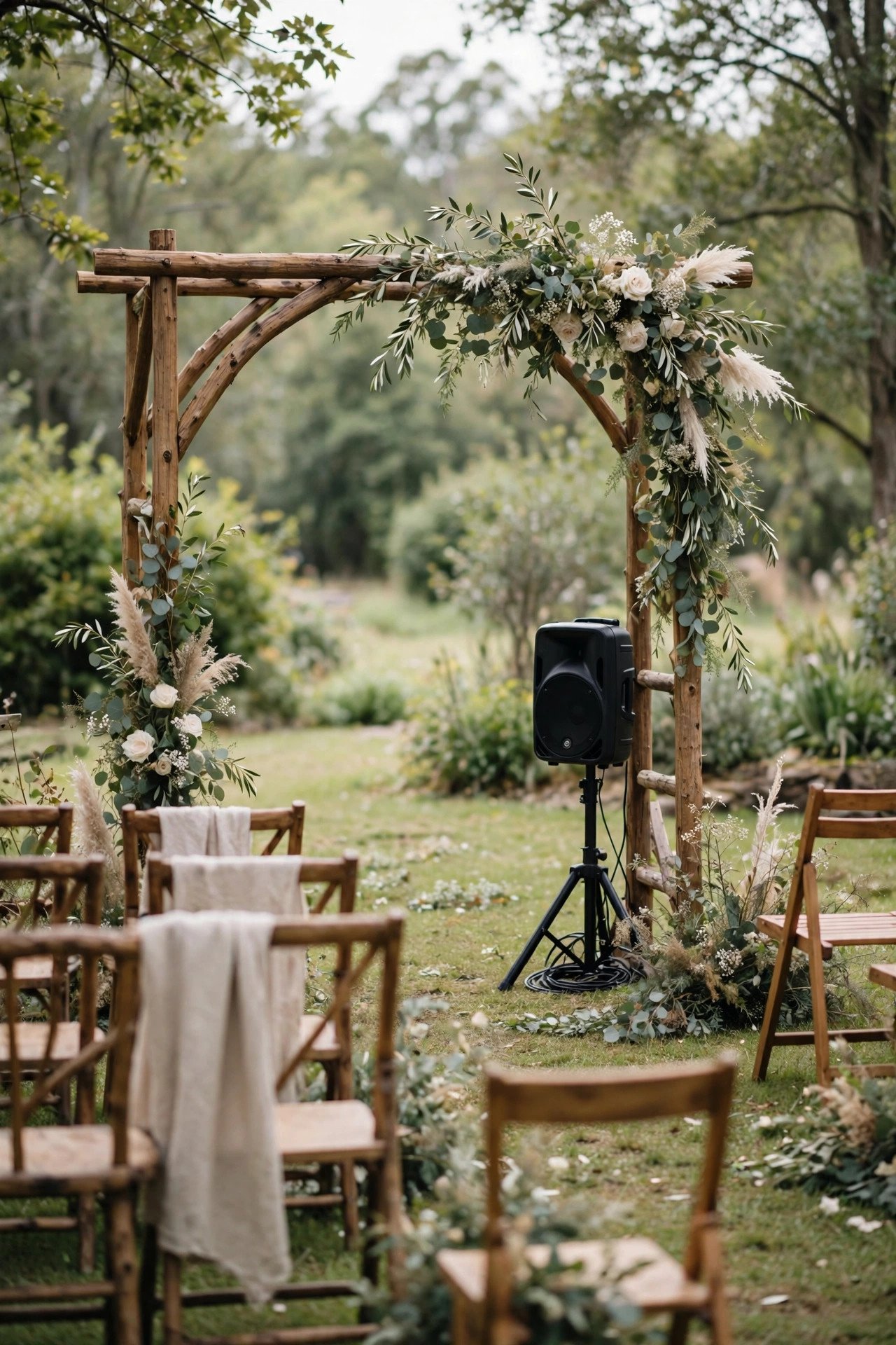 Discreet professional speaker setup at an outdoor rustic wedding ceremony