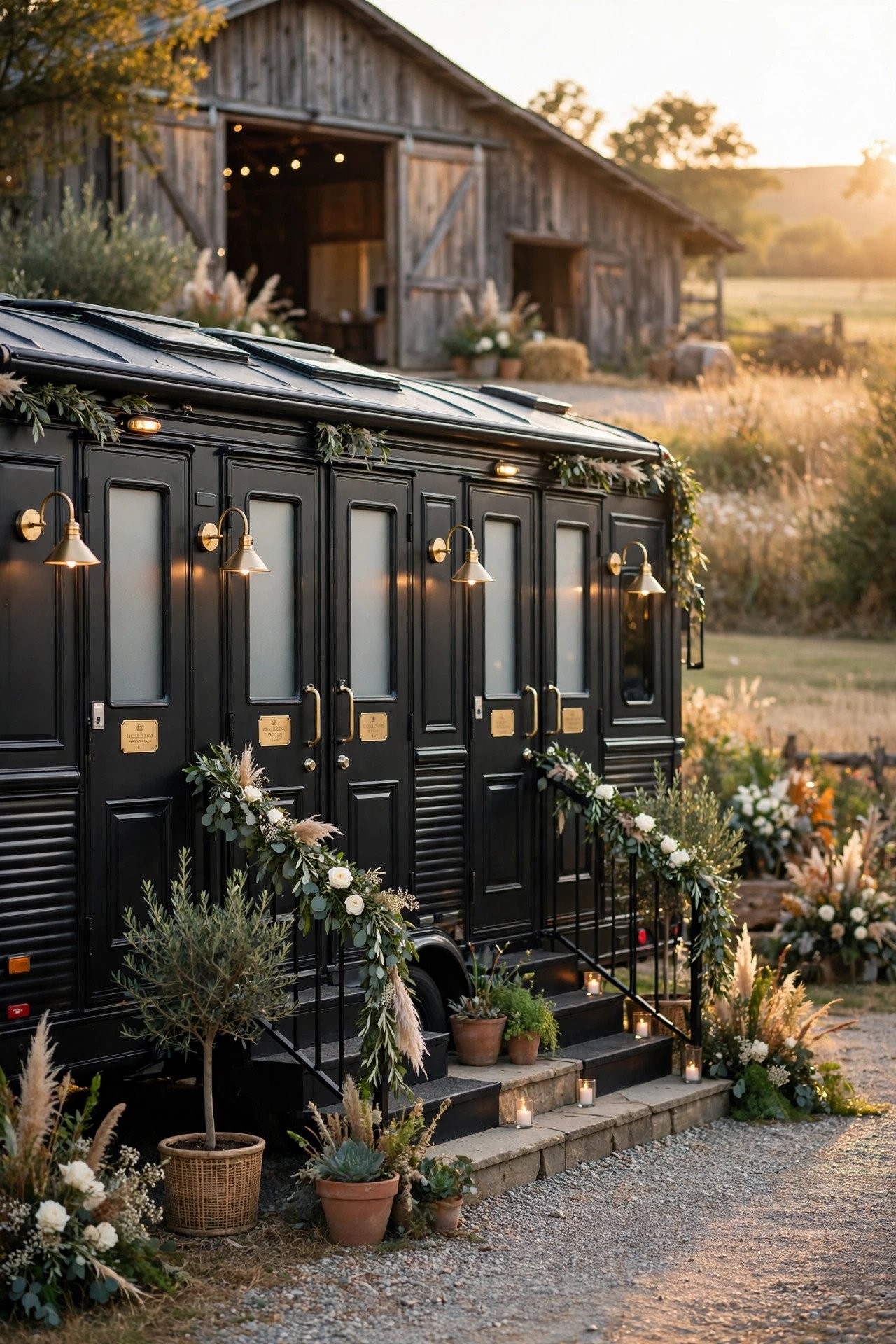 Luxury restroom trailer at a rustic barn wedding venue