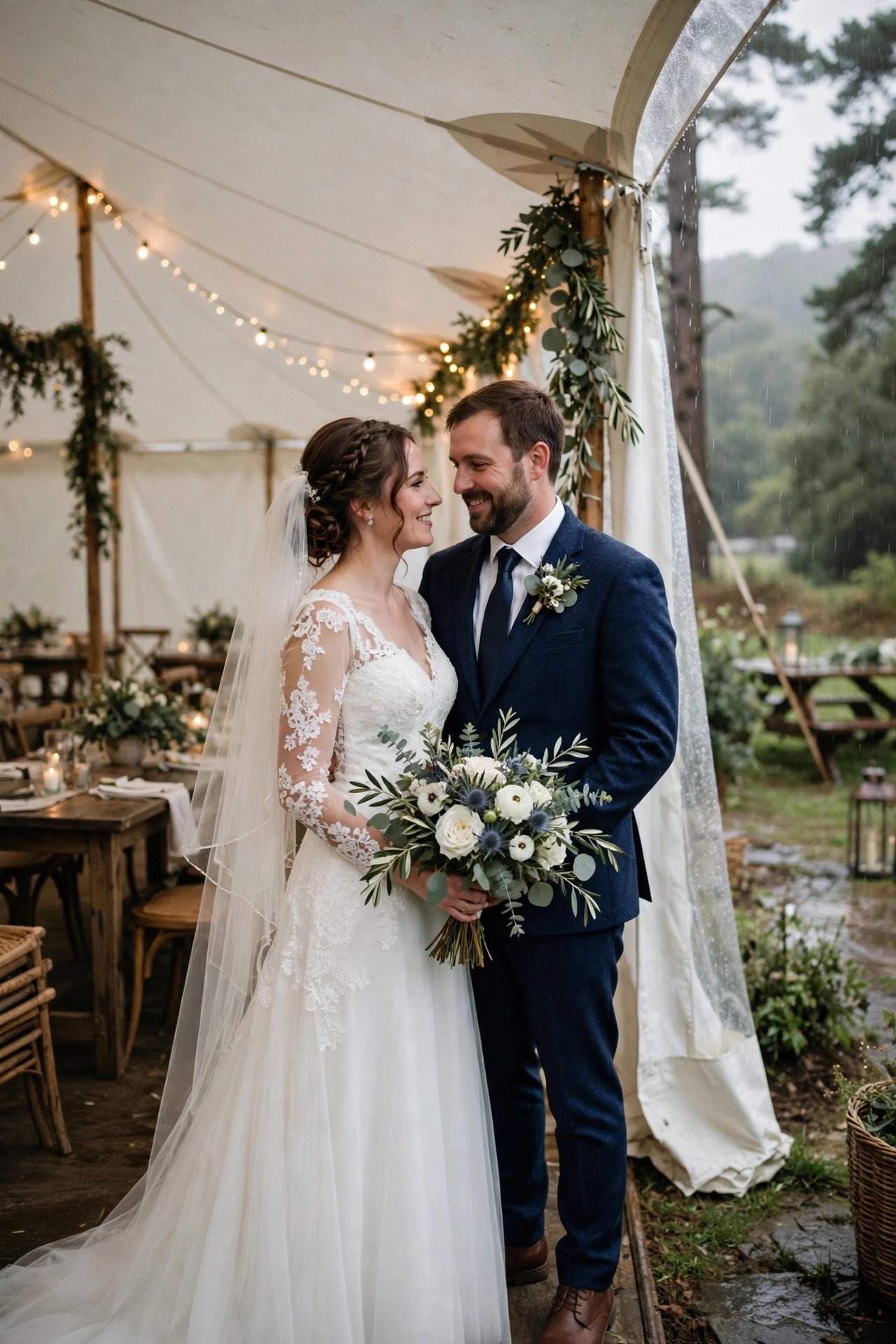 Large white tent as a rain backup plan at a rustic outdoor venue