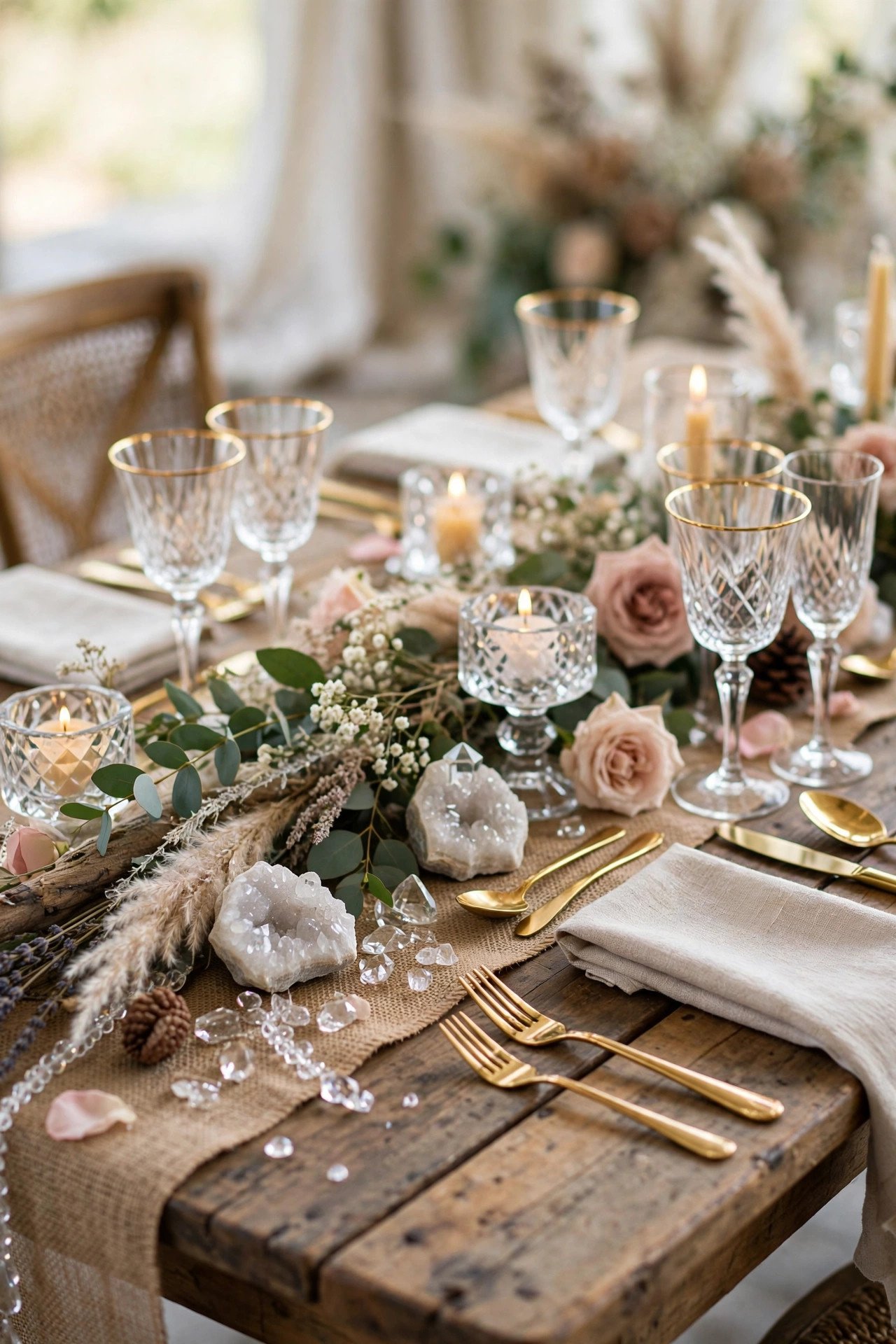 Rustic wedding table with gold flatware and crystals mixed with burlap