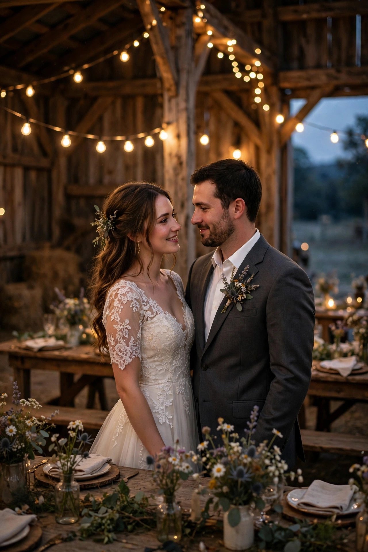 Rustic barn wedding reception at dusk with string lights and wildflowers