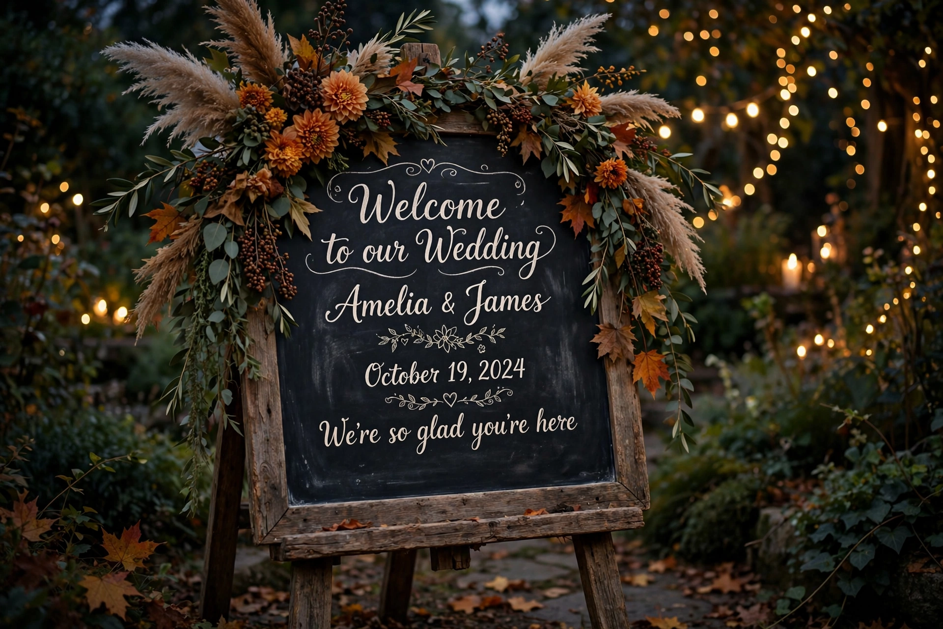 Vintage chalkboard wedding welcome sign with hand-lettered chalk script on a rustic wooden easel with fall flowers