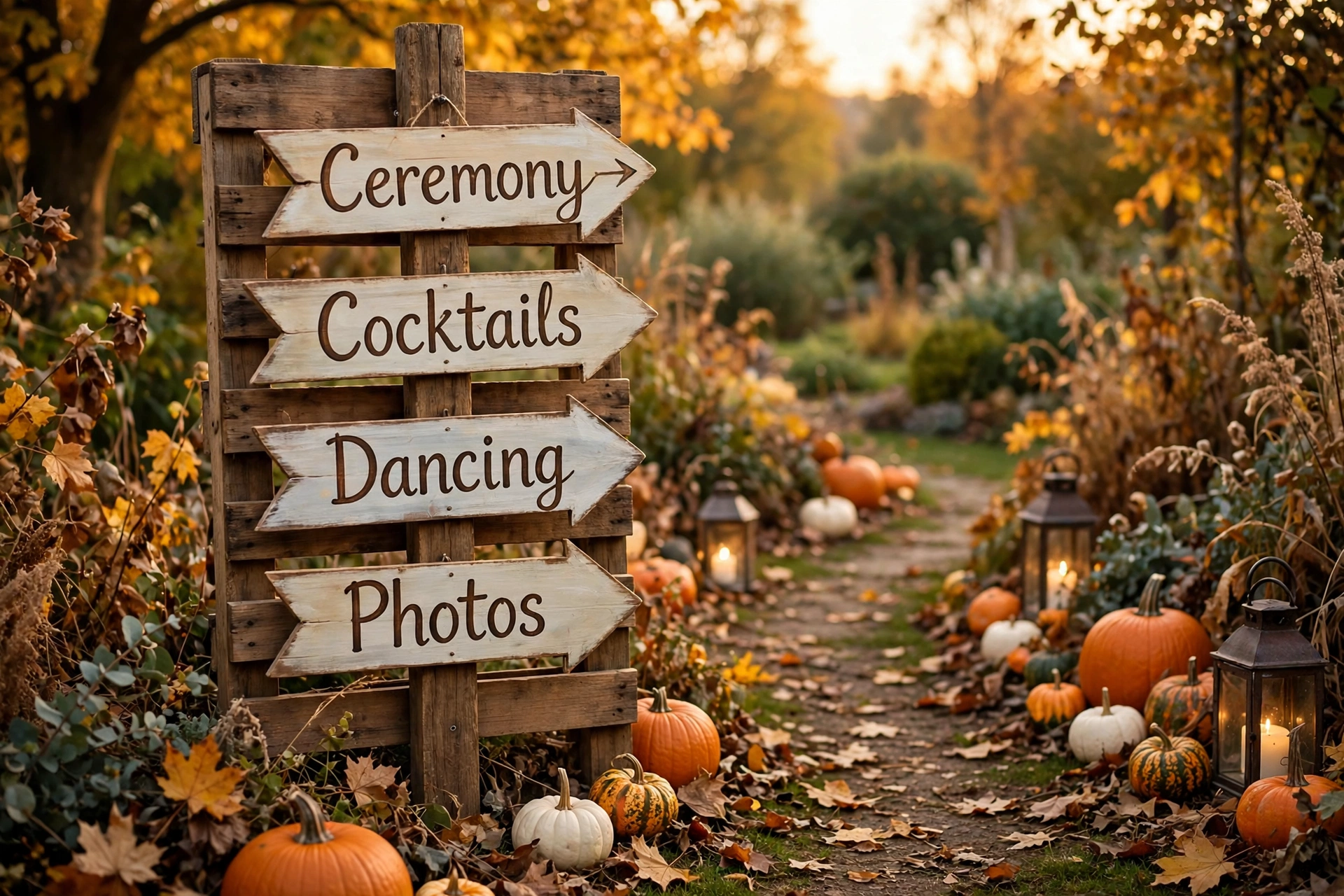 Rustic wooden pallet directional wedding sign post with arrows pointing to ceremony, cocktails, dancing and photos