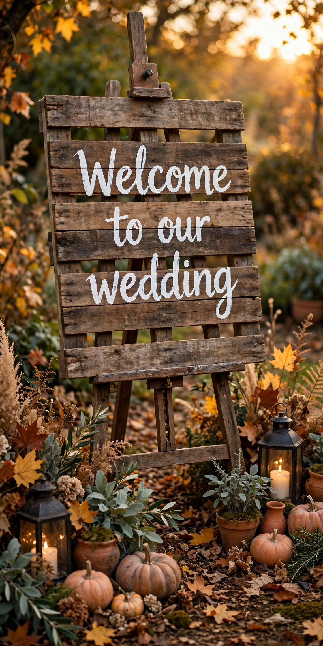 Rustic reclaimed wood pallet wedding welcome sign on a vintage easel in an autumn garden with lanterns and fall foliage