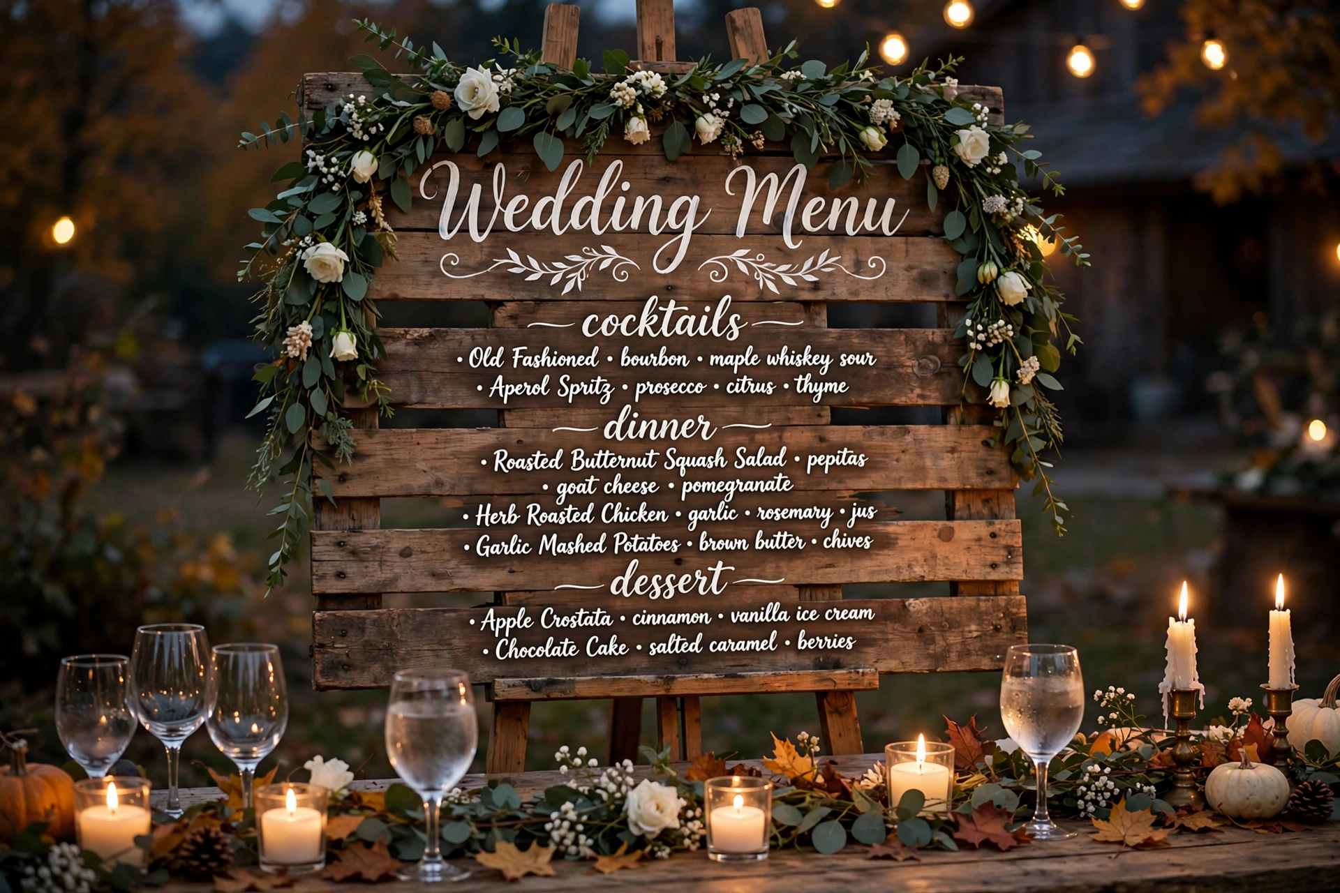 Rustic wooden pallet wedding menu board on an easel decorated with eucalyptus greenery and white flowers