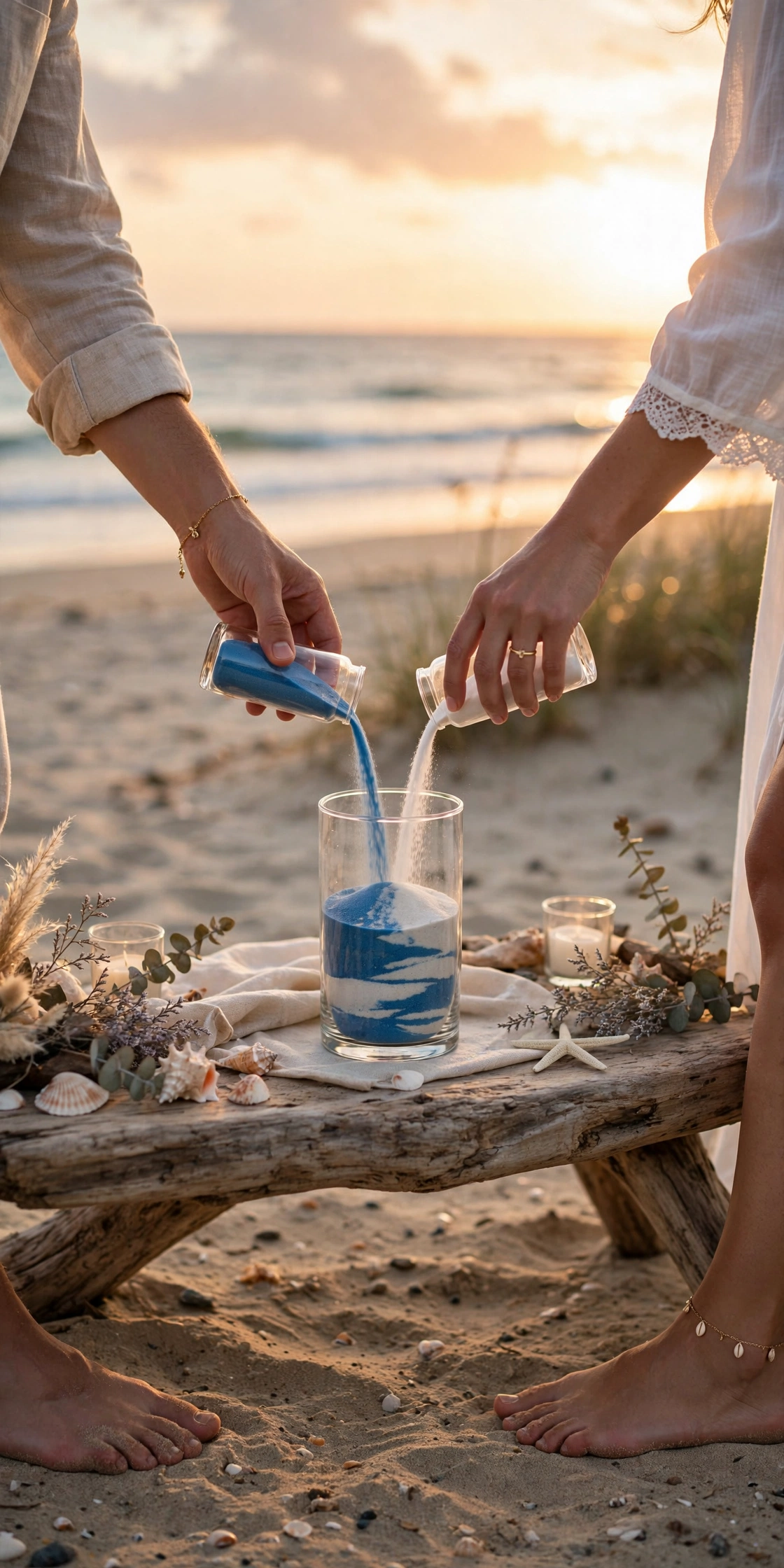Wedding sand ceremony poured into a glass hourglass