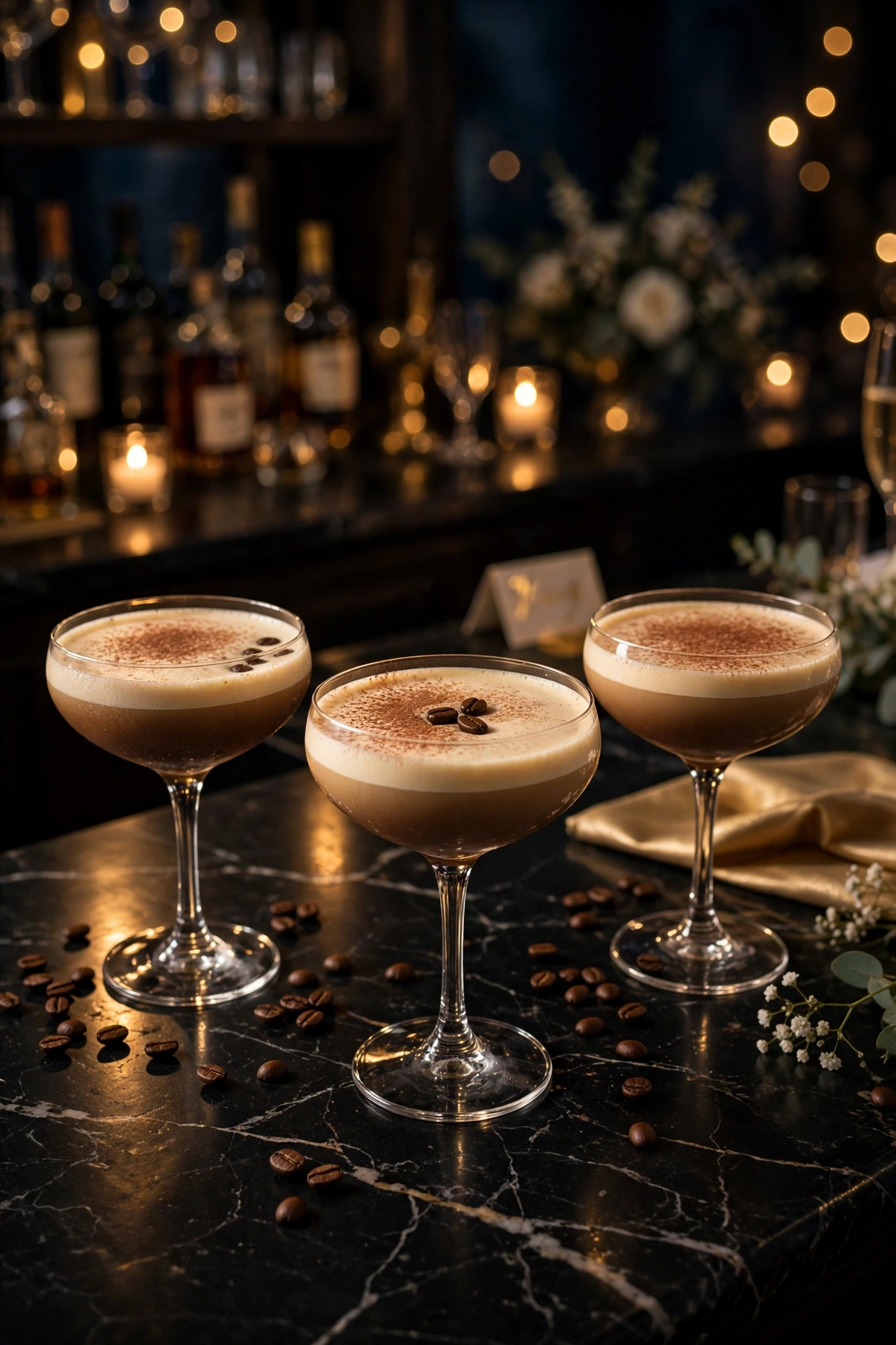 Espresso martinis with creamy foam and cocoa dusting on a dark bar with coffee beans, wedding after-party drinks