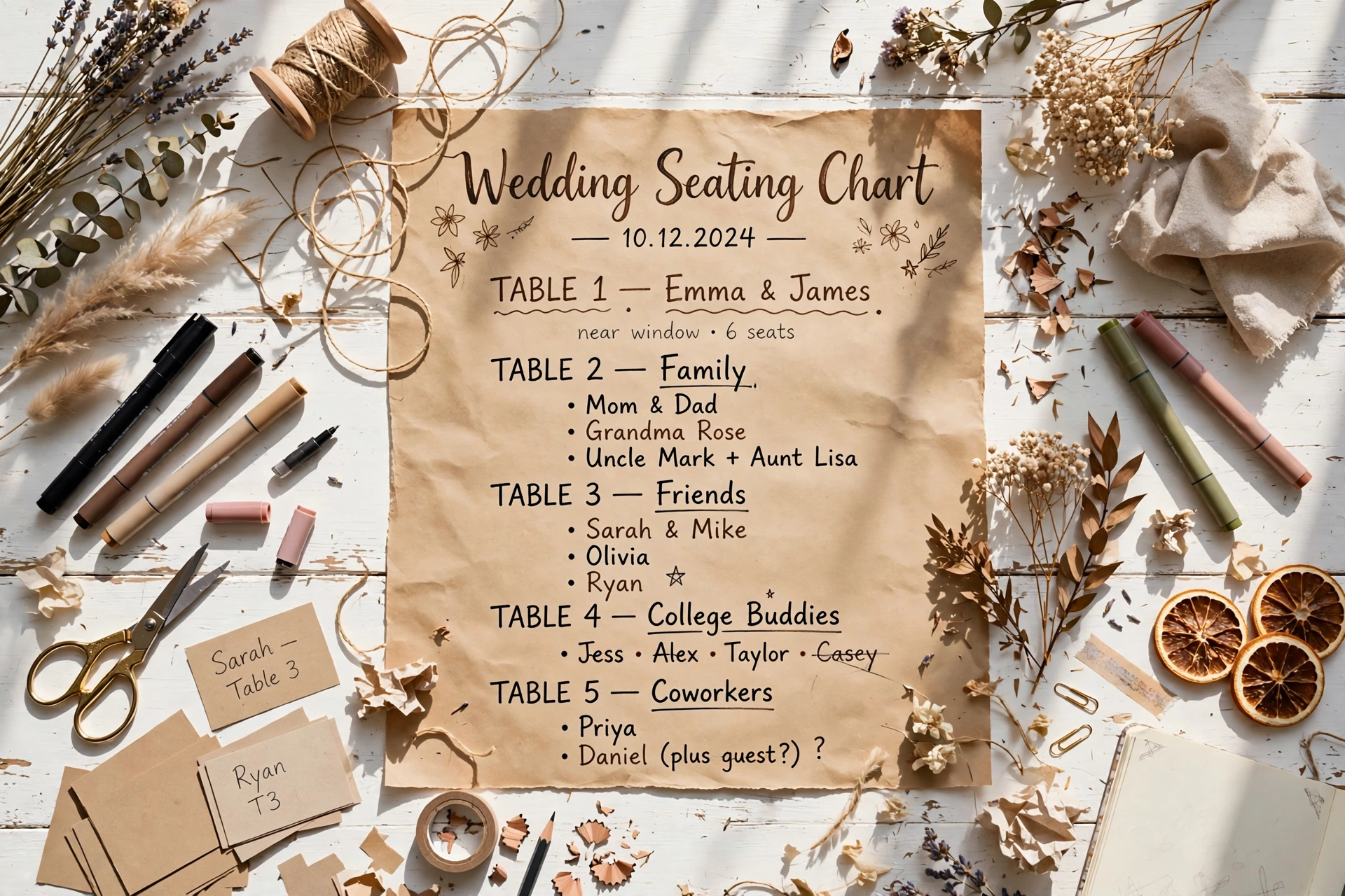 DIY wedding seating chart flat-lay on a white table with kraft paper poster, twine and dried flowers