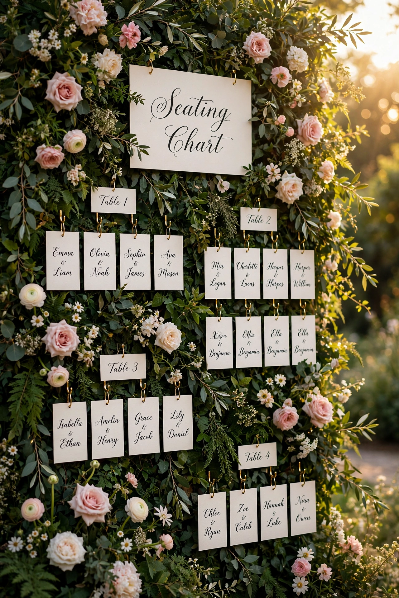Outdoor flower hedge wall wedding seating chart with hanging cream name cards at golden hour