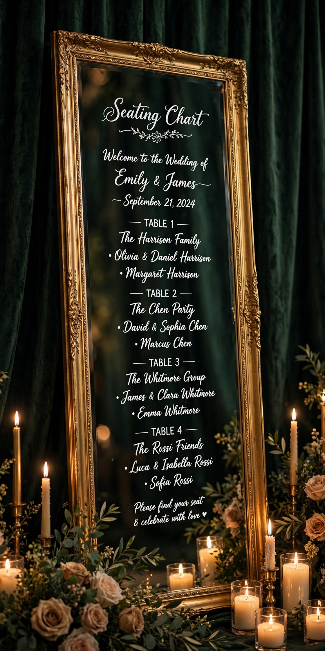 Gold-framed mirror wedding seating chart with white calligraphy table assignments against a dark green velvet curtain