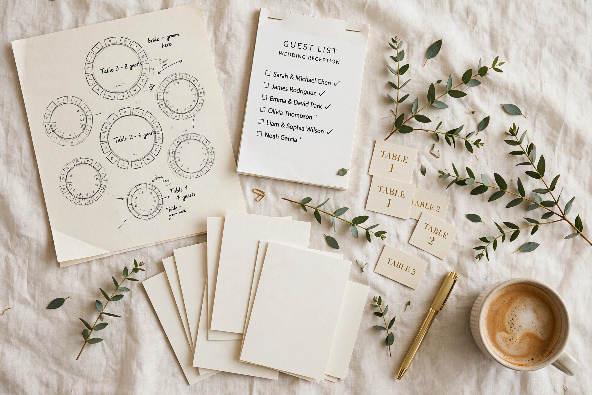 Wedding planner's desk with seating chart sketches, guest list notepad and table number cards