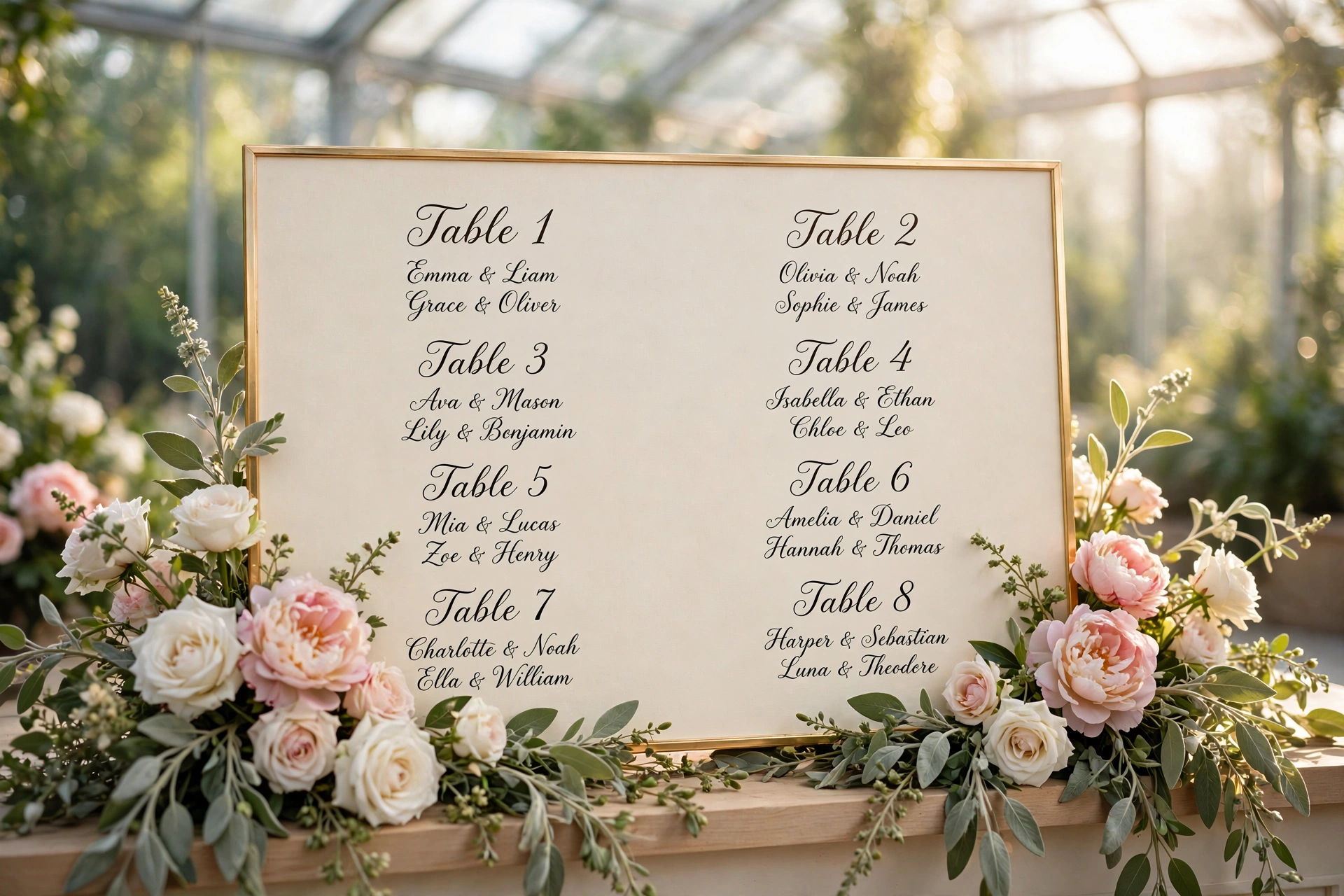 Wedding seating chart board display — gold-framed ivory board with calligraphy table assignments, white roses and blush peonies at the base, bright conservatory light