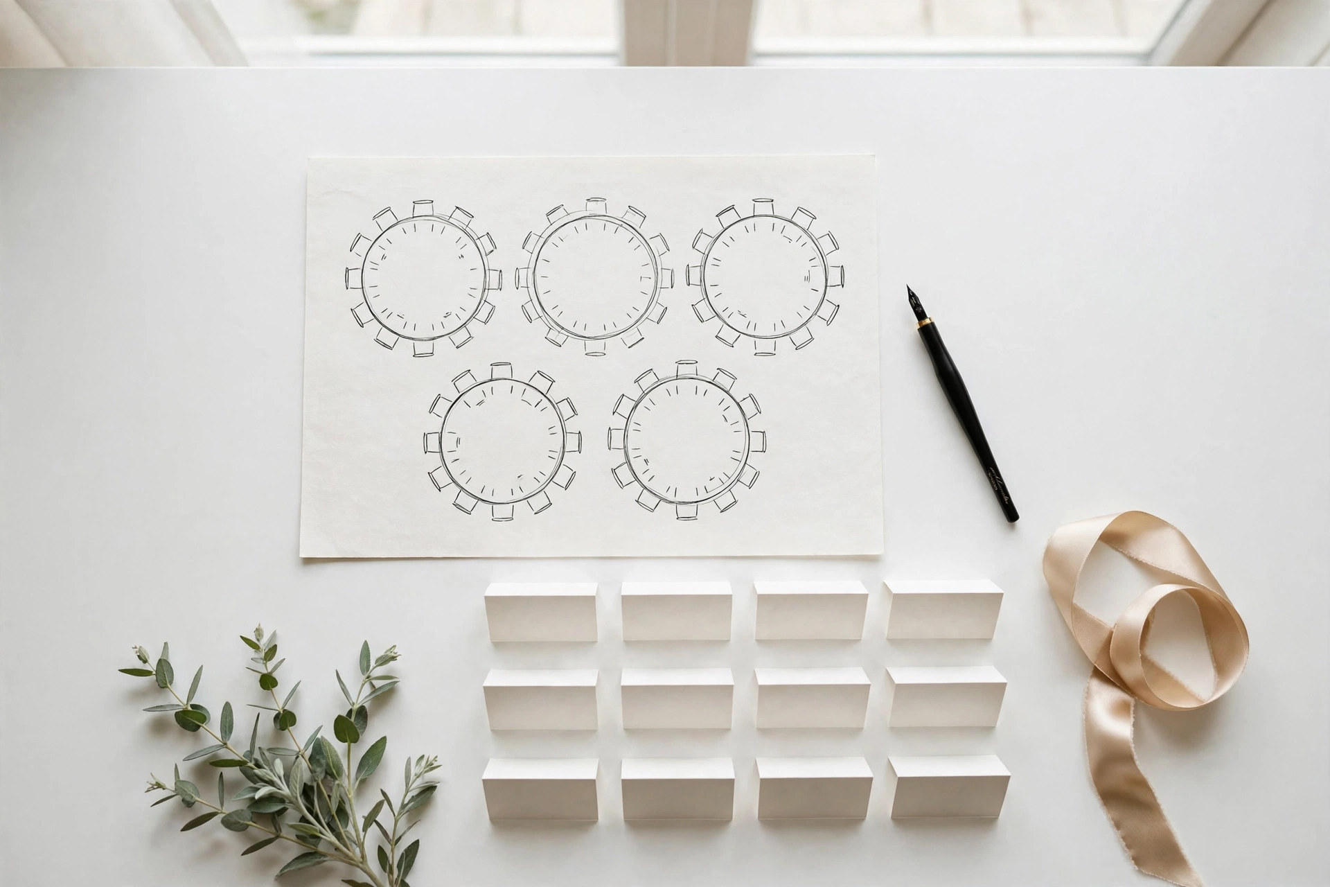 Wedding seating chart planning flat-lay — hand-drawn round table layout sketches, guest name cards and a calligraphy pen on a bright white desk