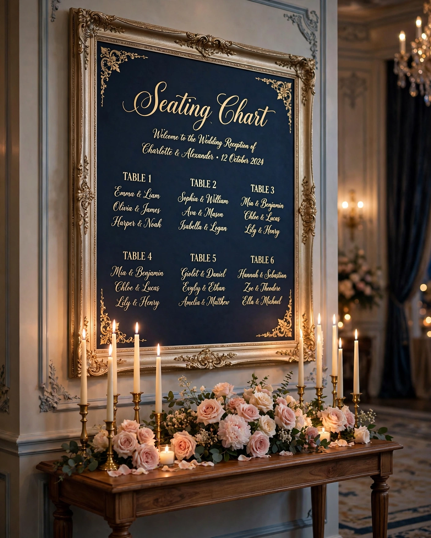 Candlelit navy and gold wedding seating chart wall with calligraphy table assignments, evening reception