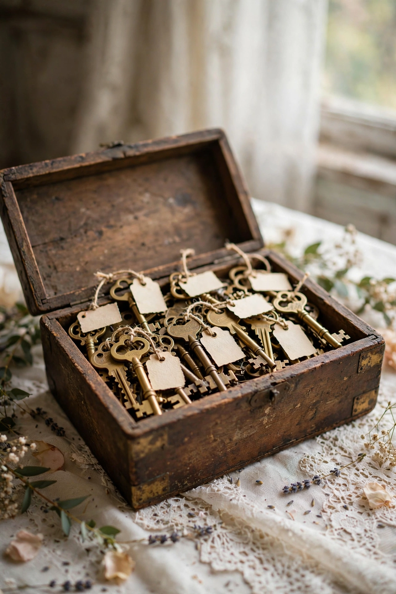 Antique wooden box of vintage keys with guest name tags at a wedding