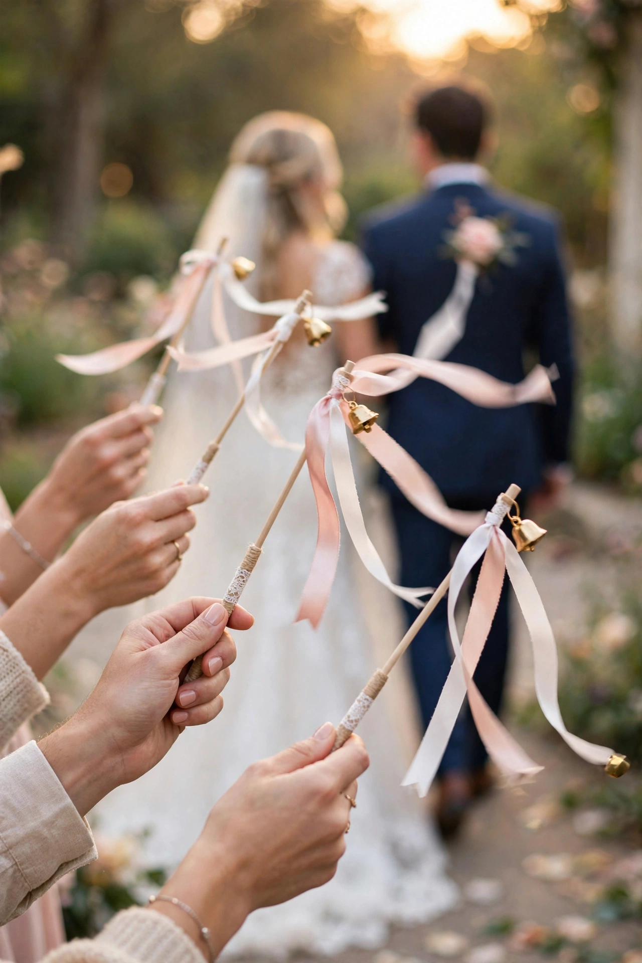 Guests waving blush ribbon wands as couple walks away at golden hour