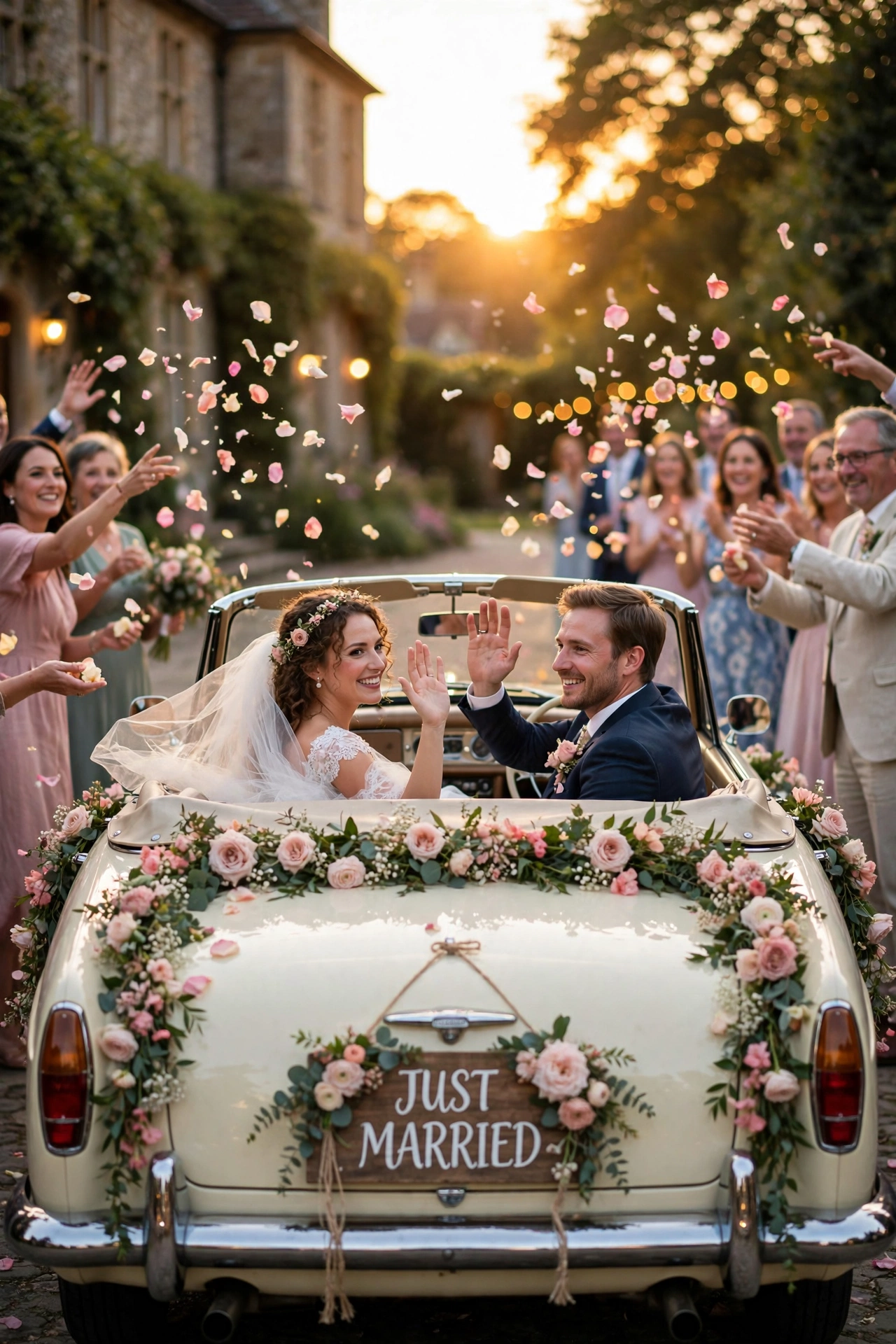 Vintage convertible getaway car with just married sign and flowers at golden hour