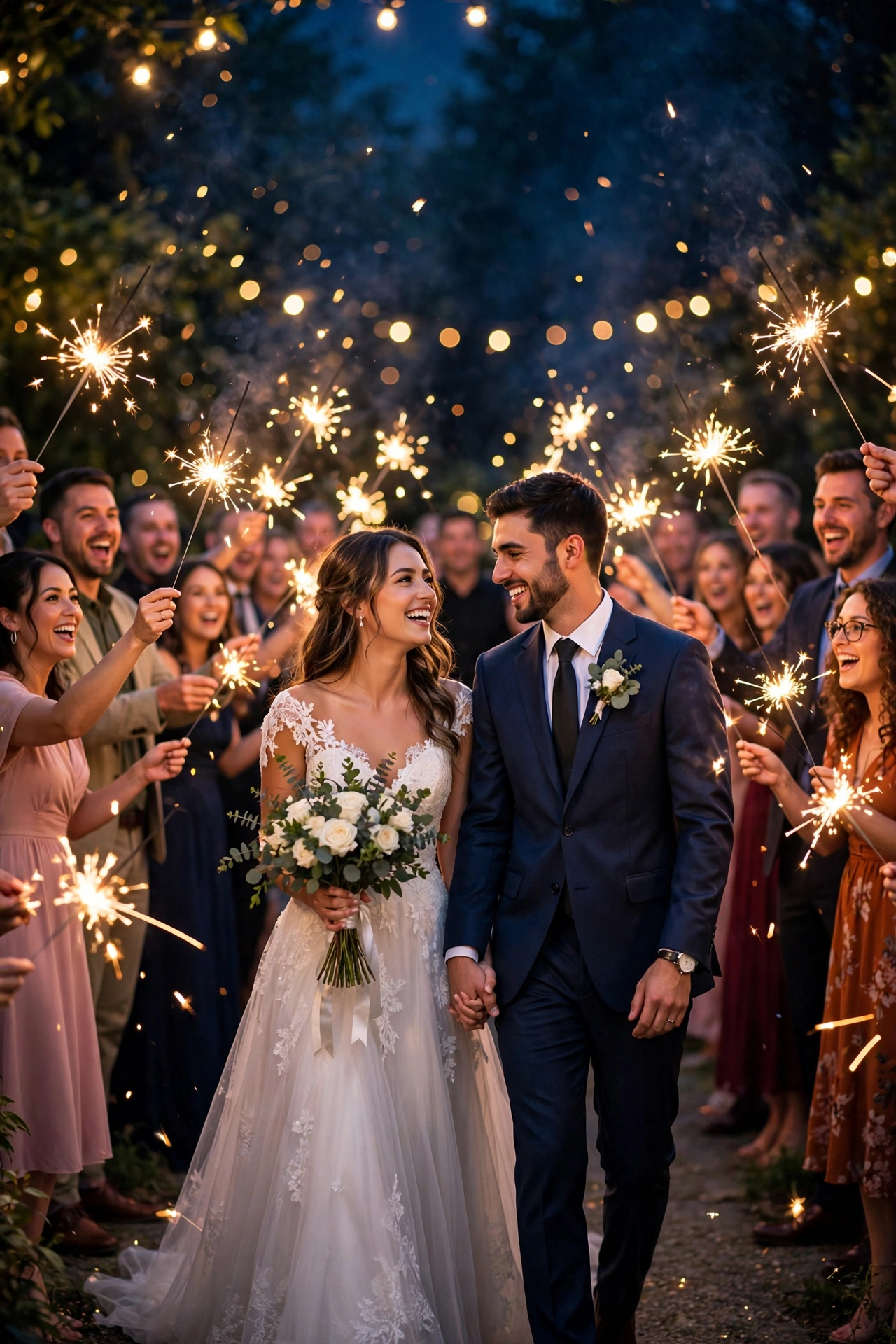 Bride and groom walking through a tunnel of golden sparklers at night