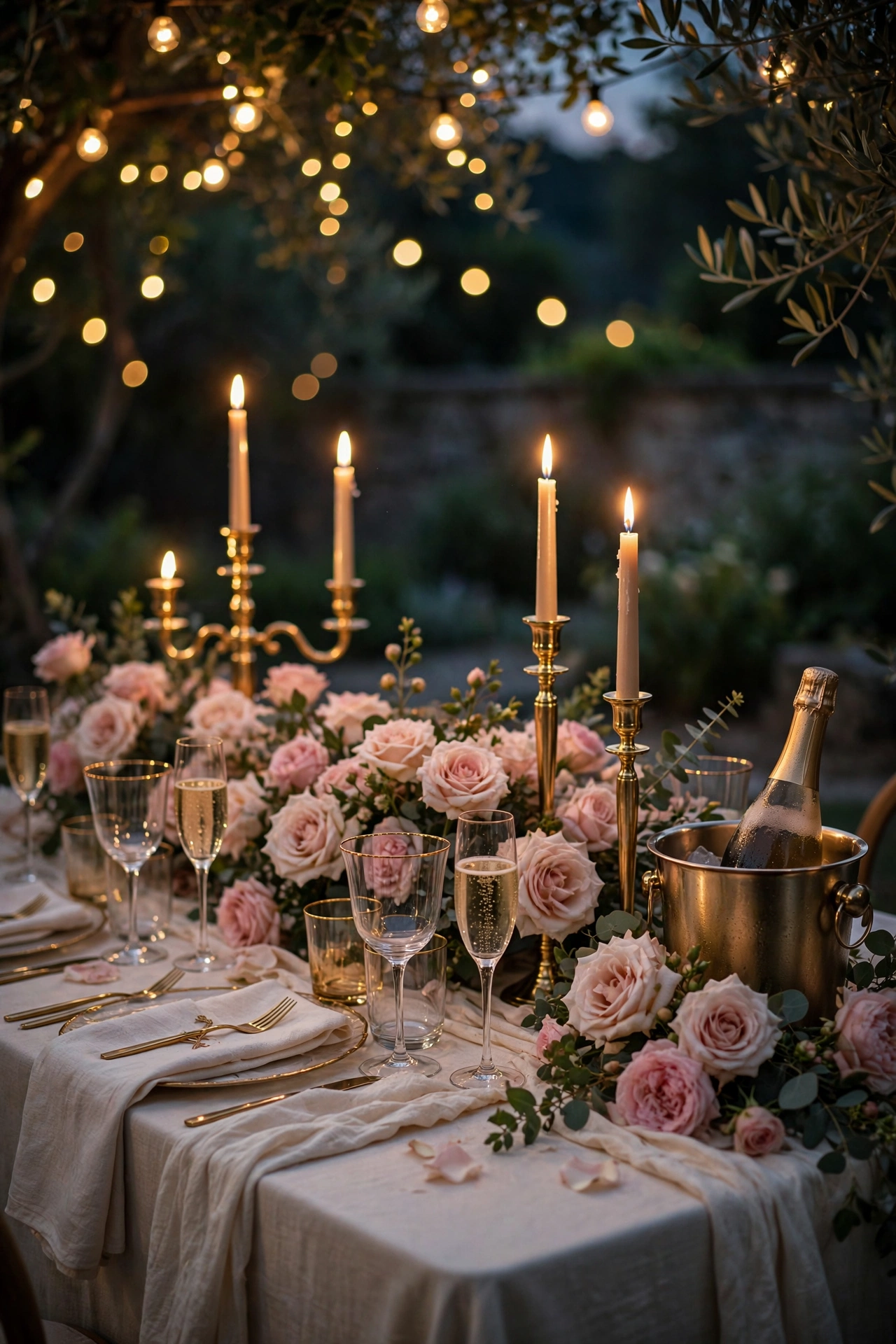 Luxe candlelit evening engagement party table with blush roses, tall gold candle holders and glowing string lights at dusk
