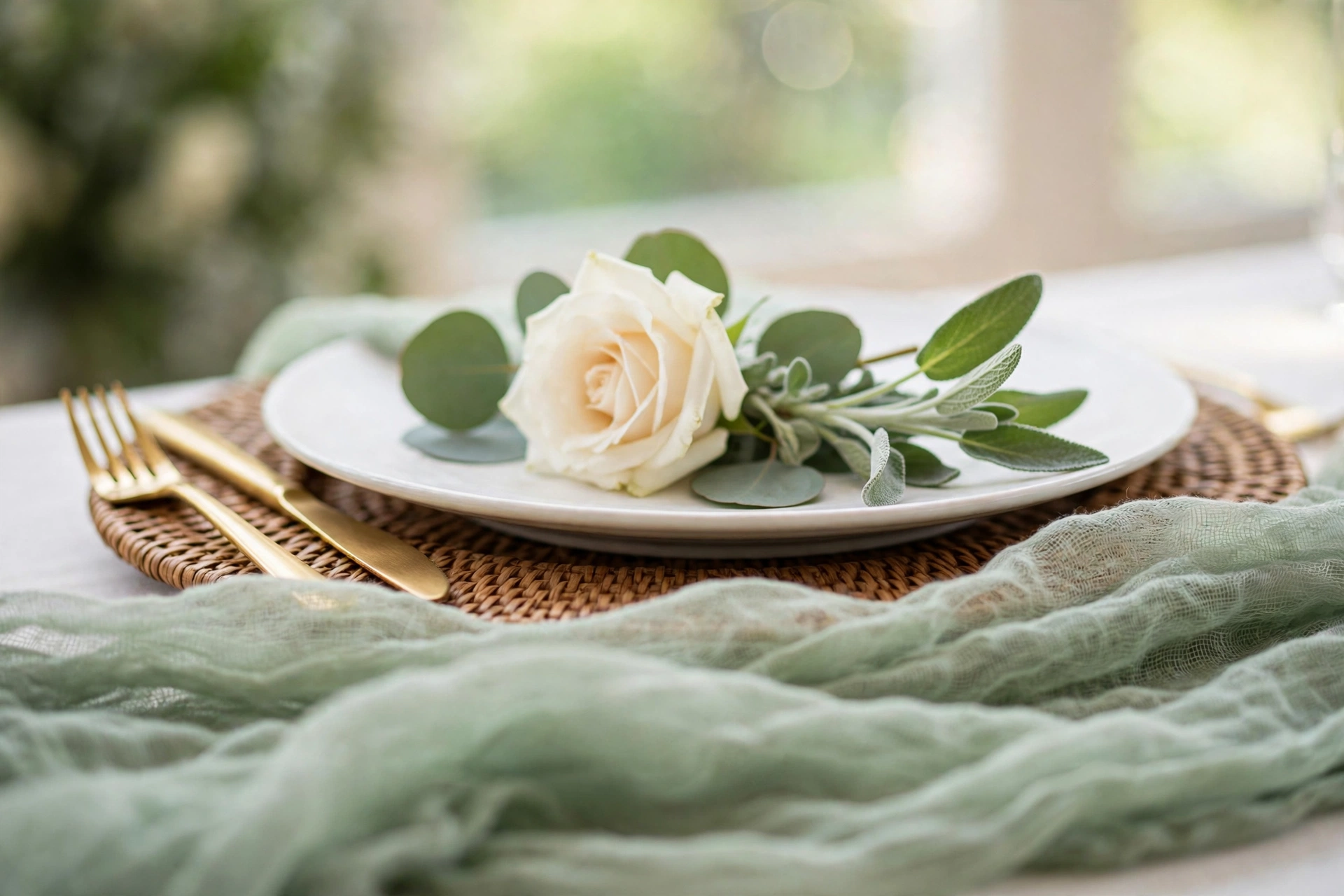 Close-up wedding place setting with ivory rose and eucalyptus on white plate over sage gauze linen