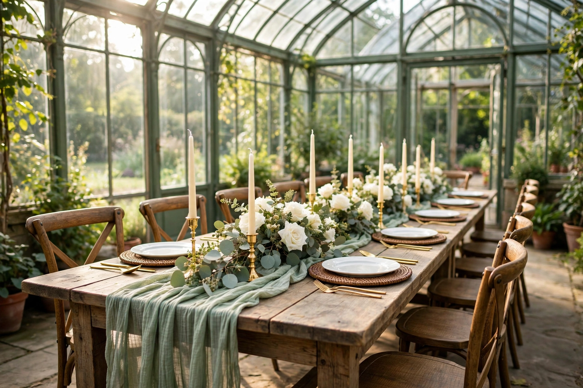 Sunlit greenhouse wedding tablescape with sage green gauze runner, white roses, rattan chargers and gold candles