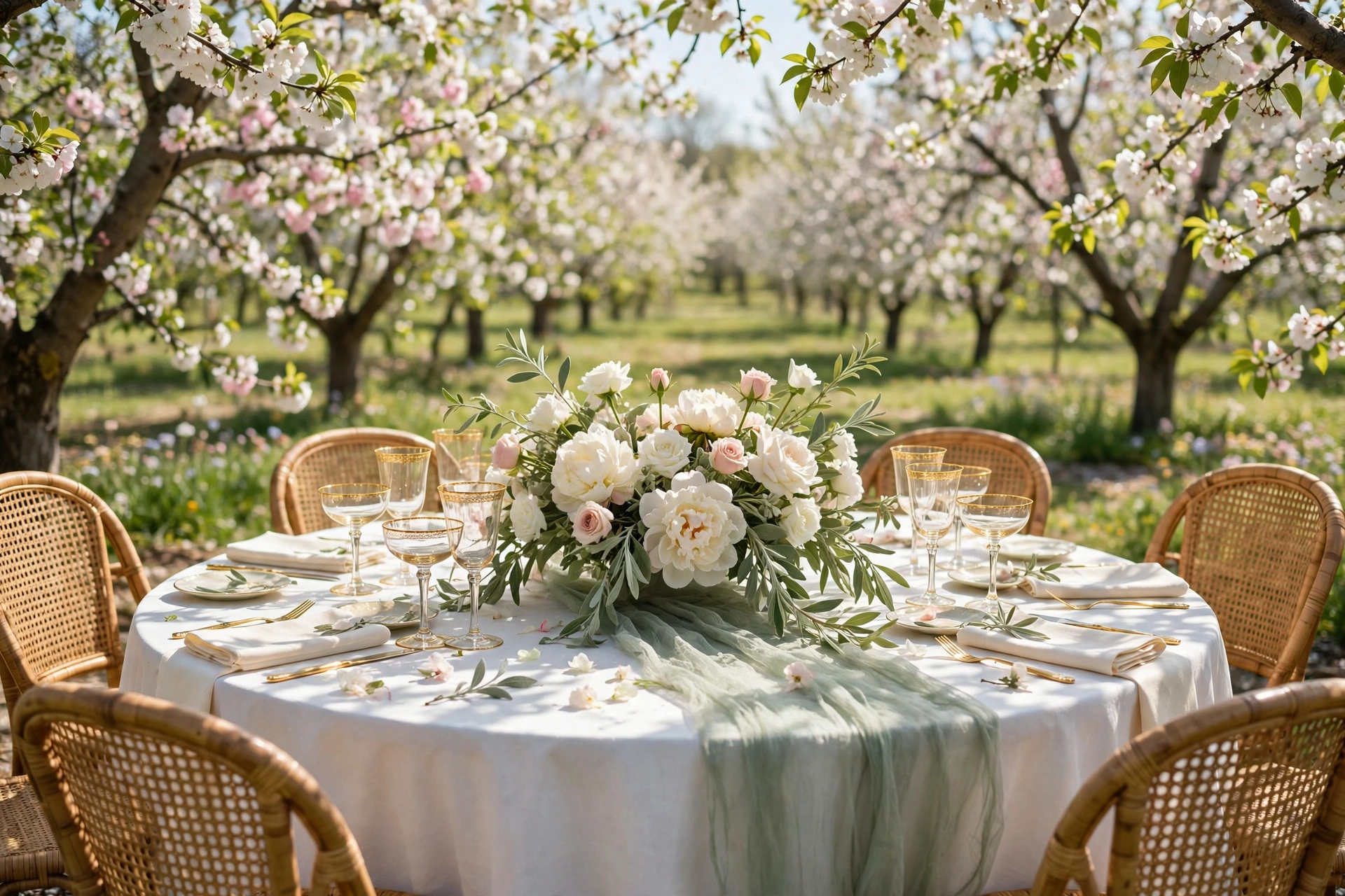 Round wedding table with sage overlay and ivory peony centerpiece in a blooming spring orchard