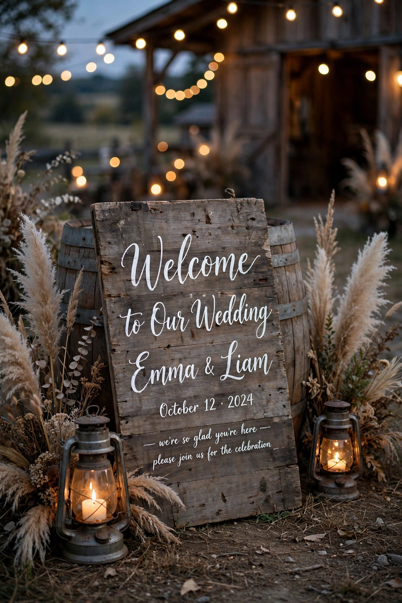 Wedding welcome sign with brush calligraphy on kraft paper scroll
