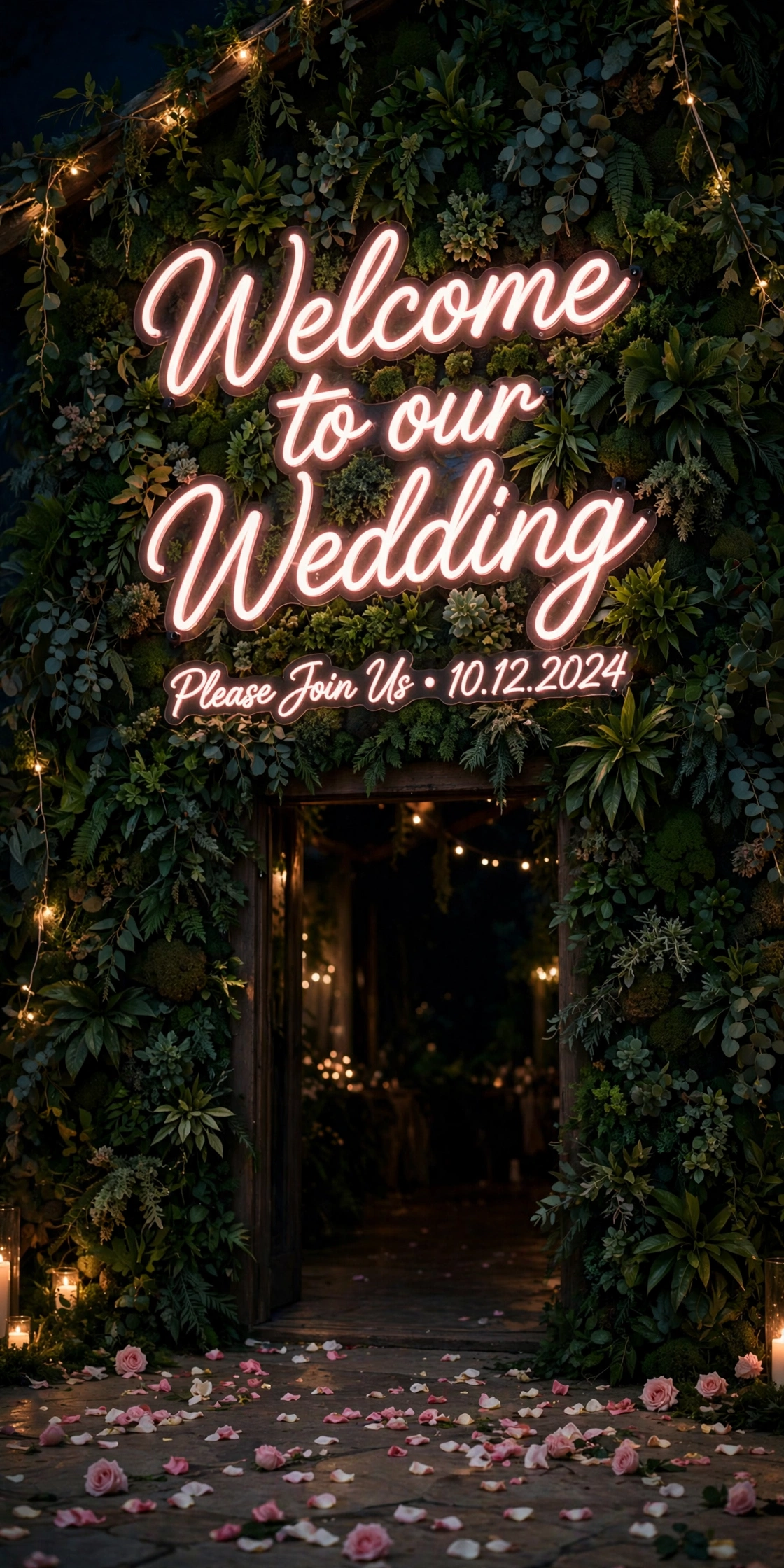Pressed flower wedding welcome sign with calligraphy on glass