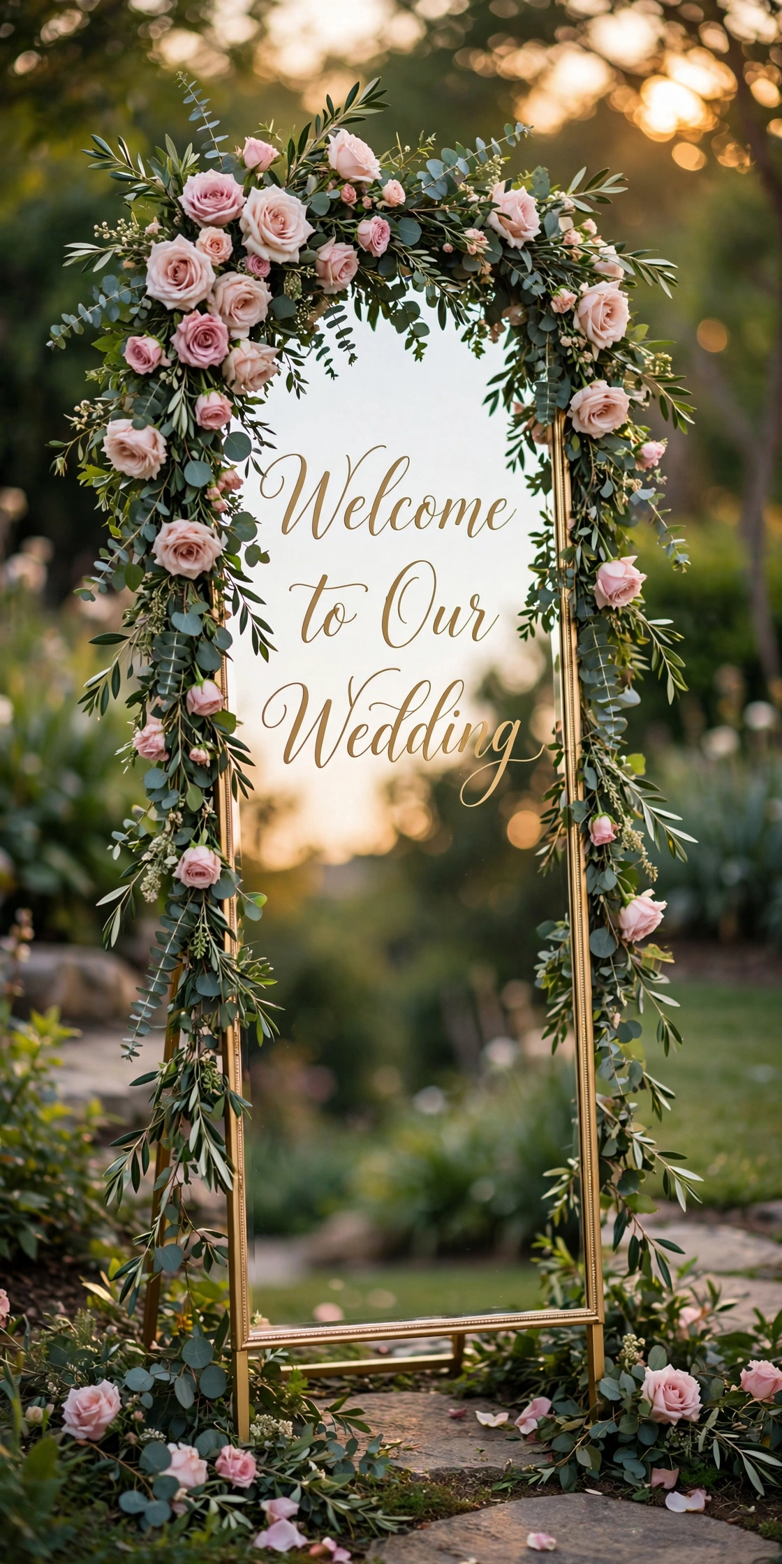 Elegant wedding welcome sign with gold calligraphy on a glass mirror, floral garland around the frame