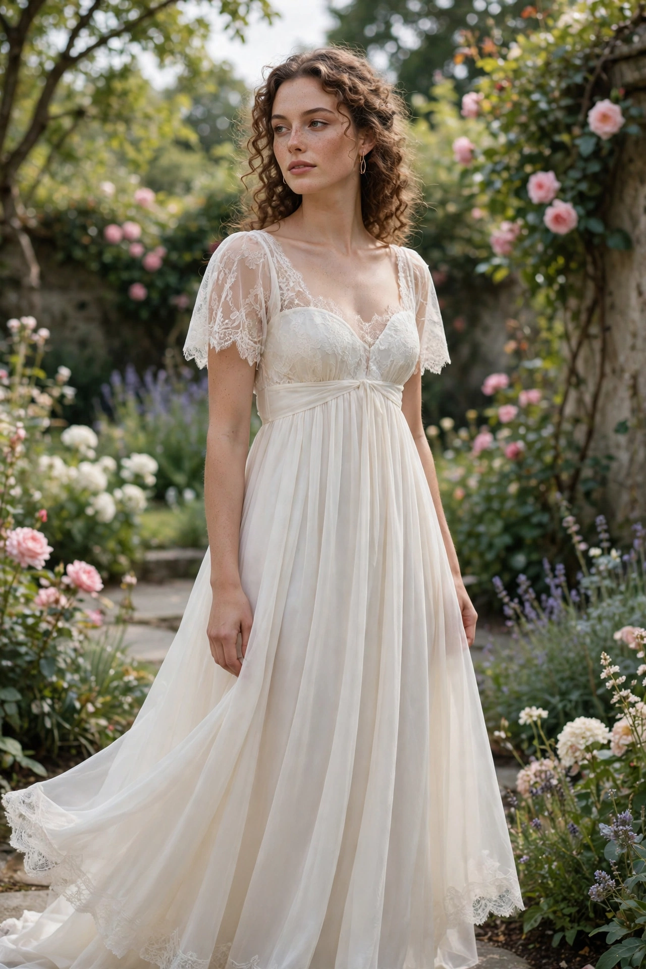 Empire waist wedding dress with flowing skirt in a garden setting