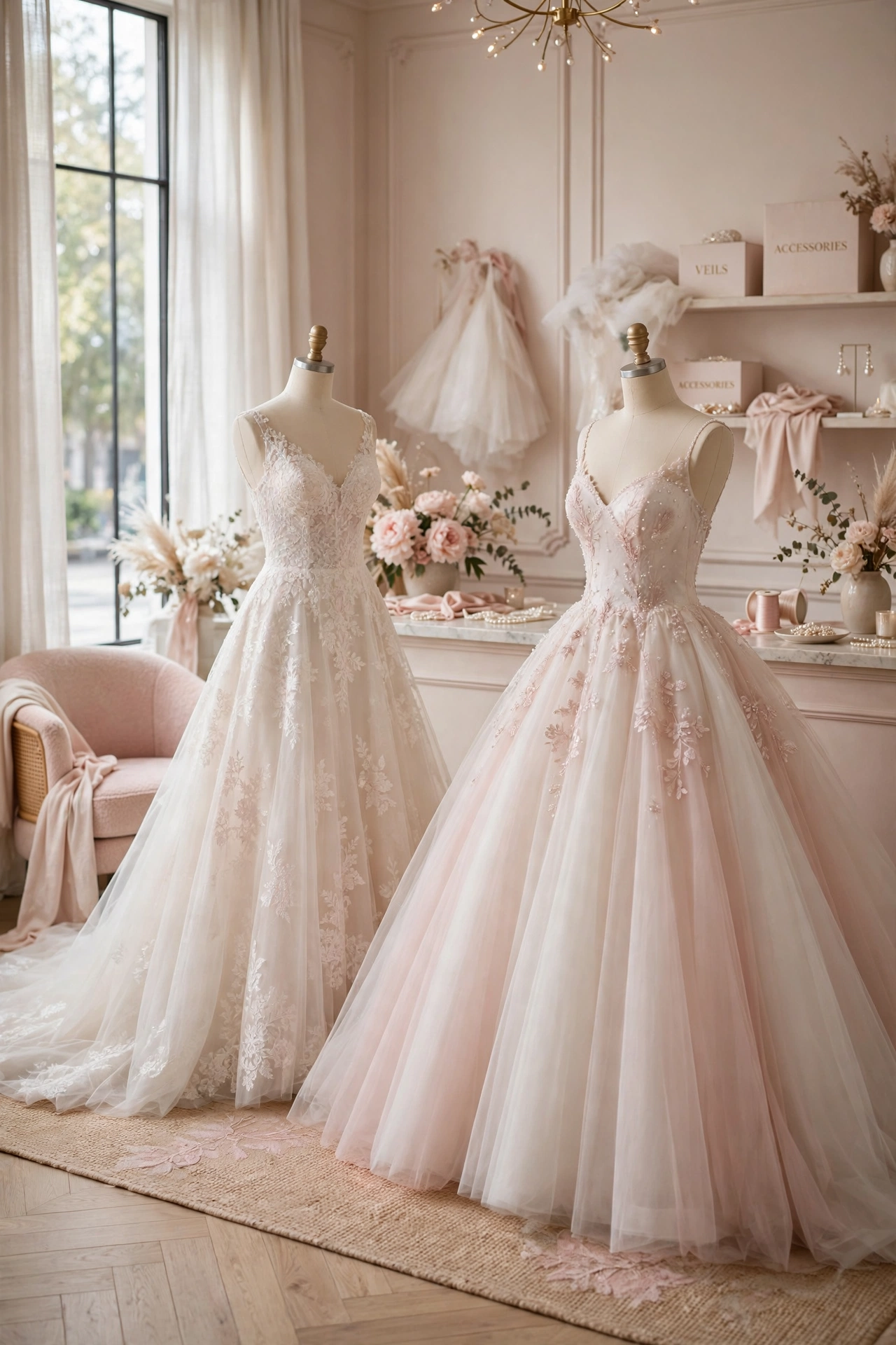 Bride trying on wedding gowns in a boutique, A-line and ball gown silhouettes on dress forms in soft light
