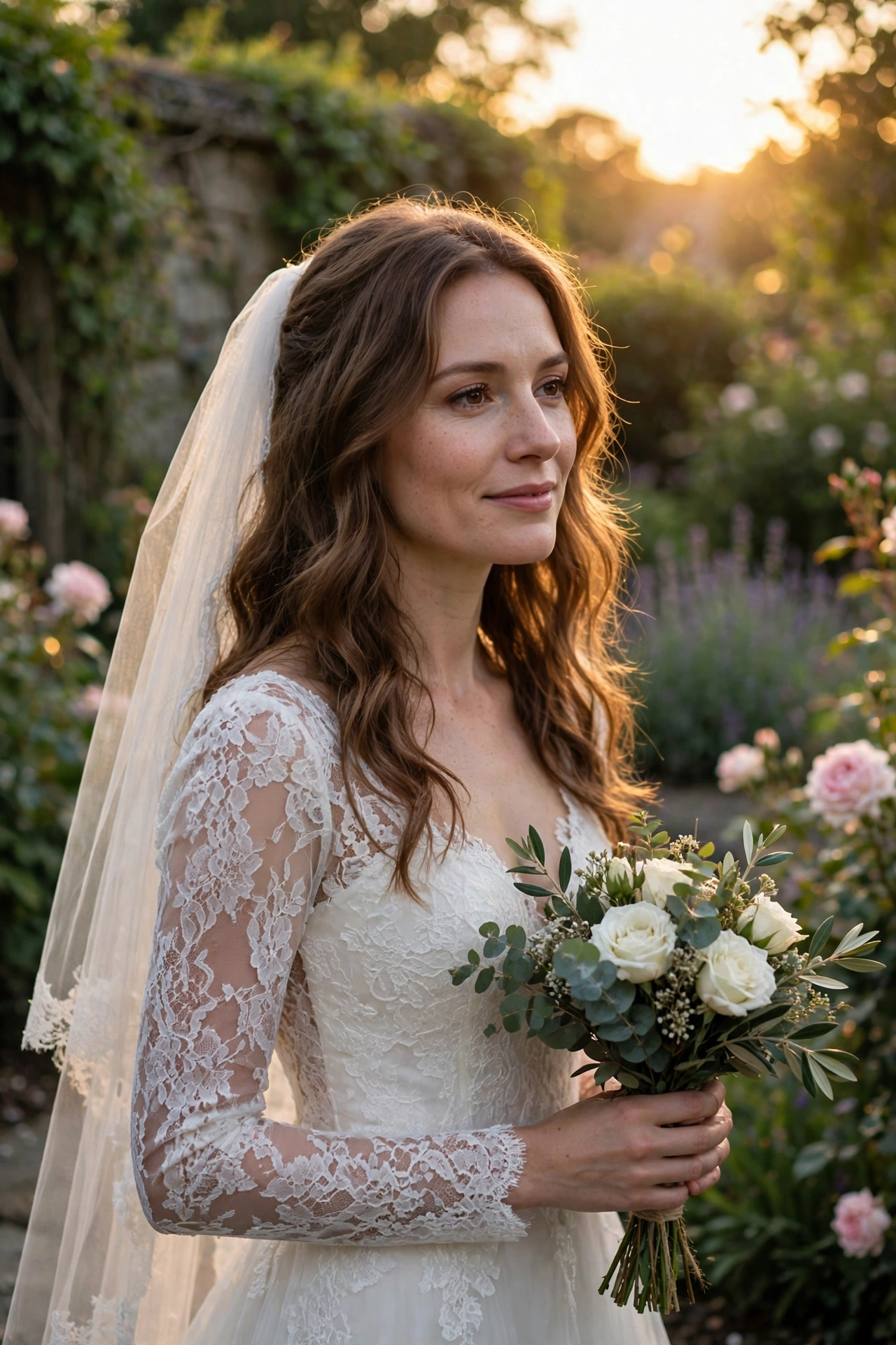 Bride with long lace wedding dress sleeves holding a bouquet, warm golden light in a garden