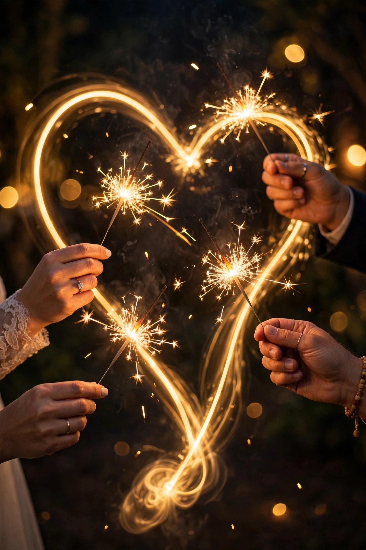 Guests hands holding lit golden sparklers at a night wedding send-off