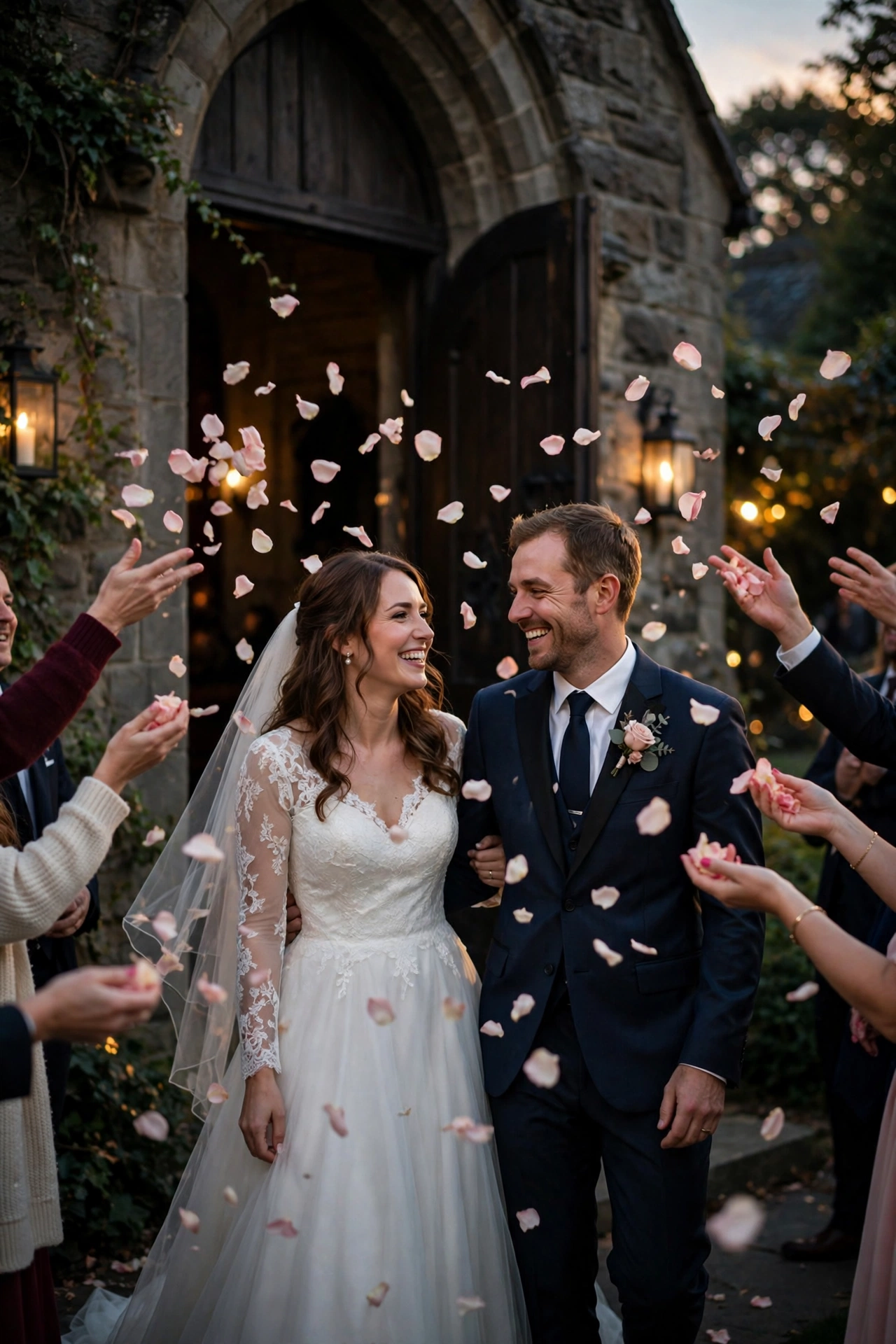 Blush rose petals falling around a couple during a wedding send-off at dusk