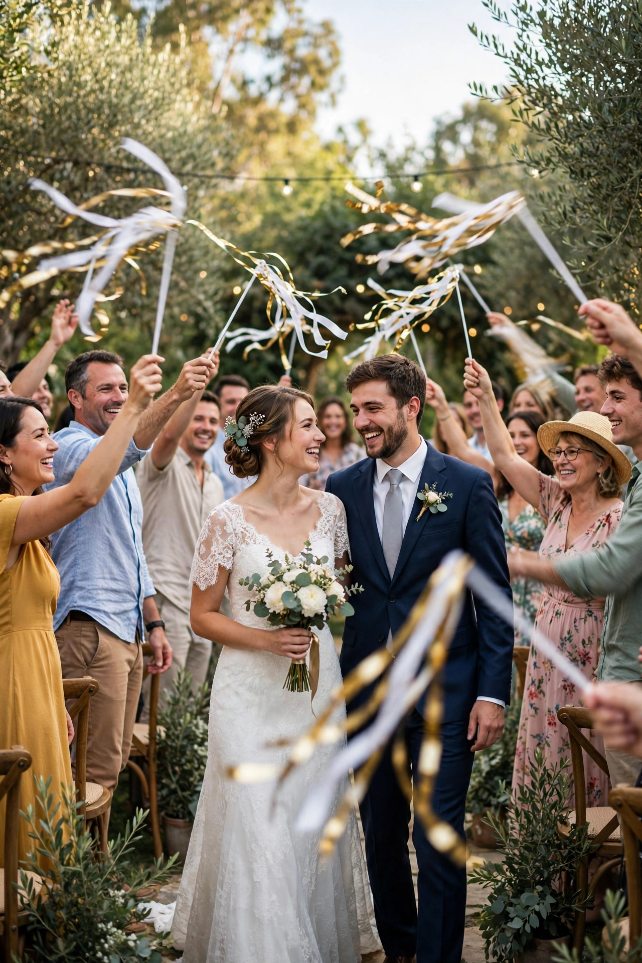 Wedding guests waving white ribbon wands with gold streamers at daytime send-off
