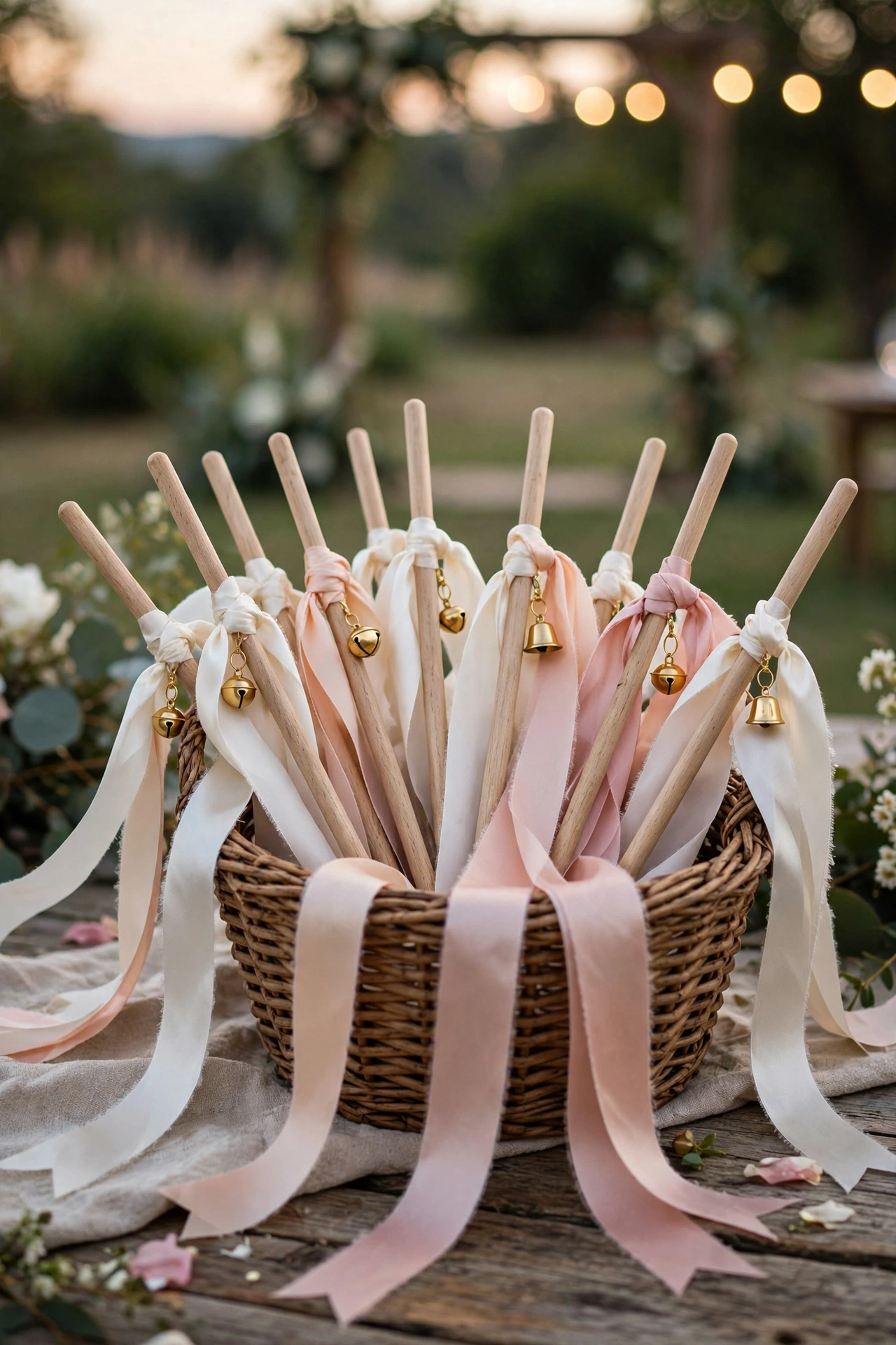 Basket of ivory and blush ribbon wands with gold bells for wedding send-off