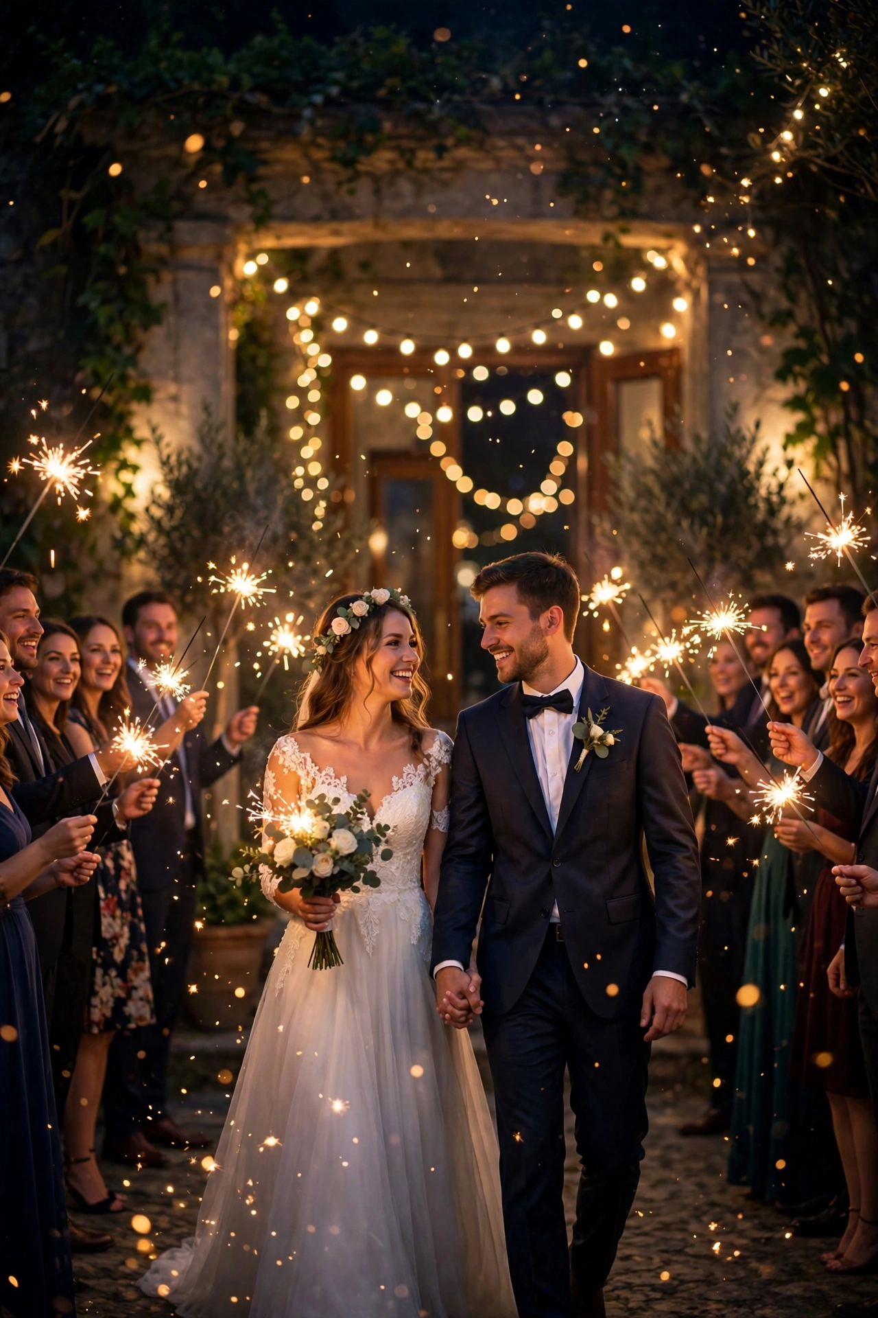 Newlywed couple walking through a golden sparkler send-off tunnel at night