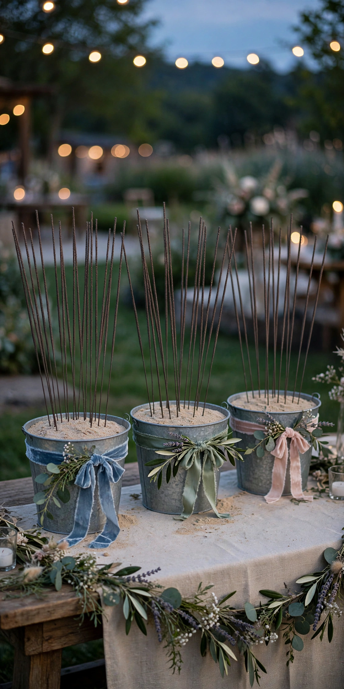 Sparkler bucket station with sand-filled buckets and long sparklers at dusk