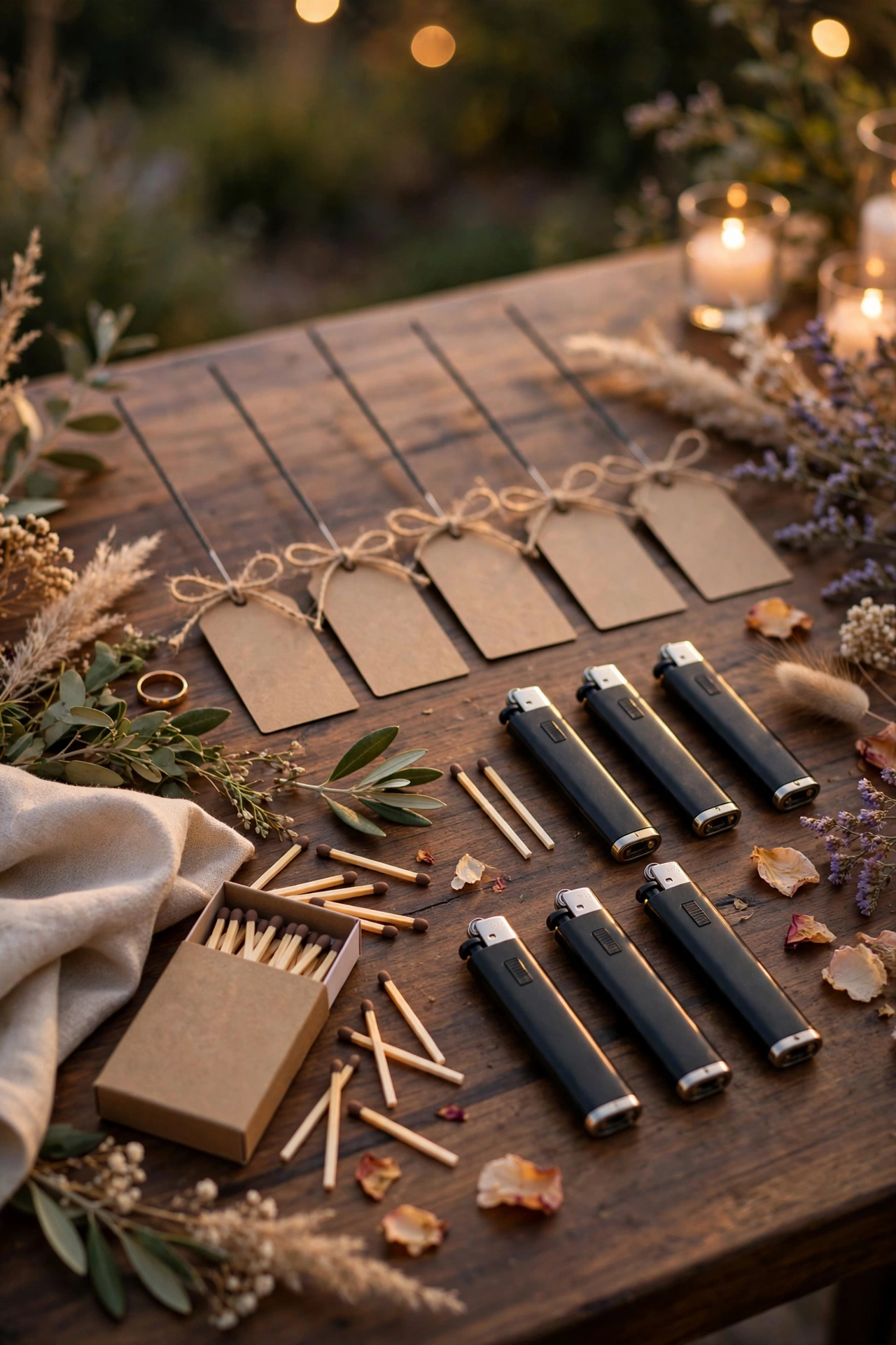 Table with personalized sparkler tags, lighters, and matches in warm evening light
