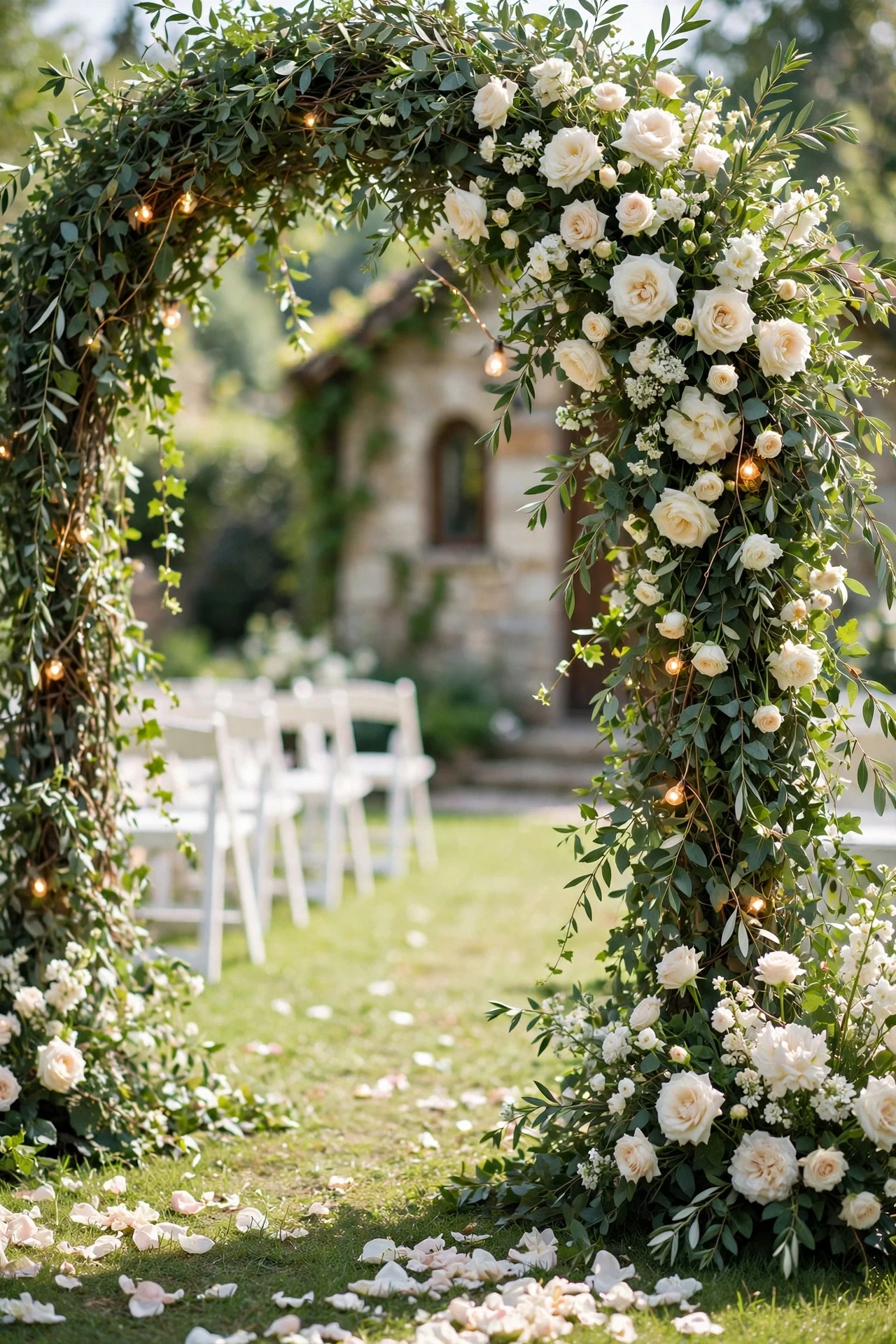 Tiny garden chapel wedding ceremony with a floral arch, string lights, and white chairs in bright daylight