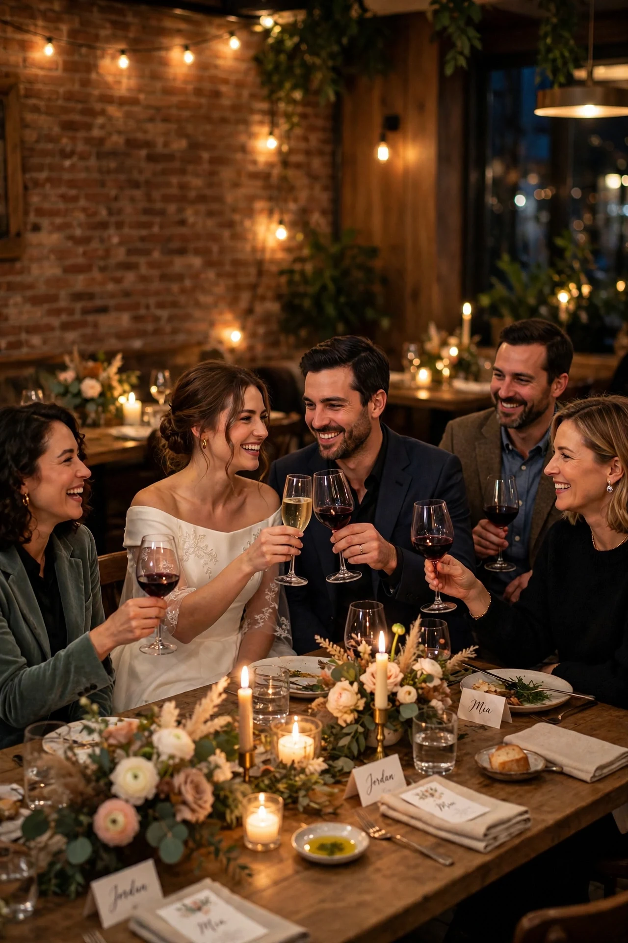 Small wedding dinner in a candlelit restaurant with the couple toasting alongside a few guests