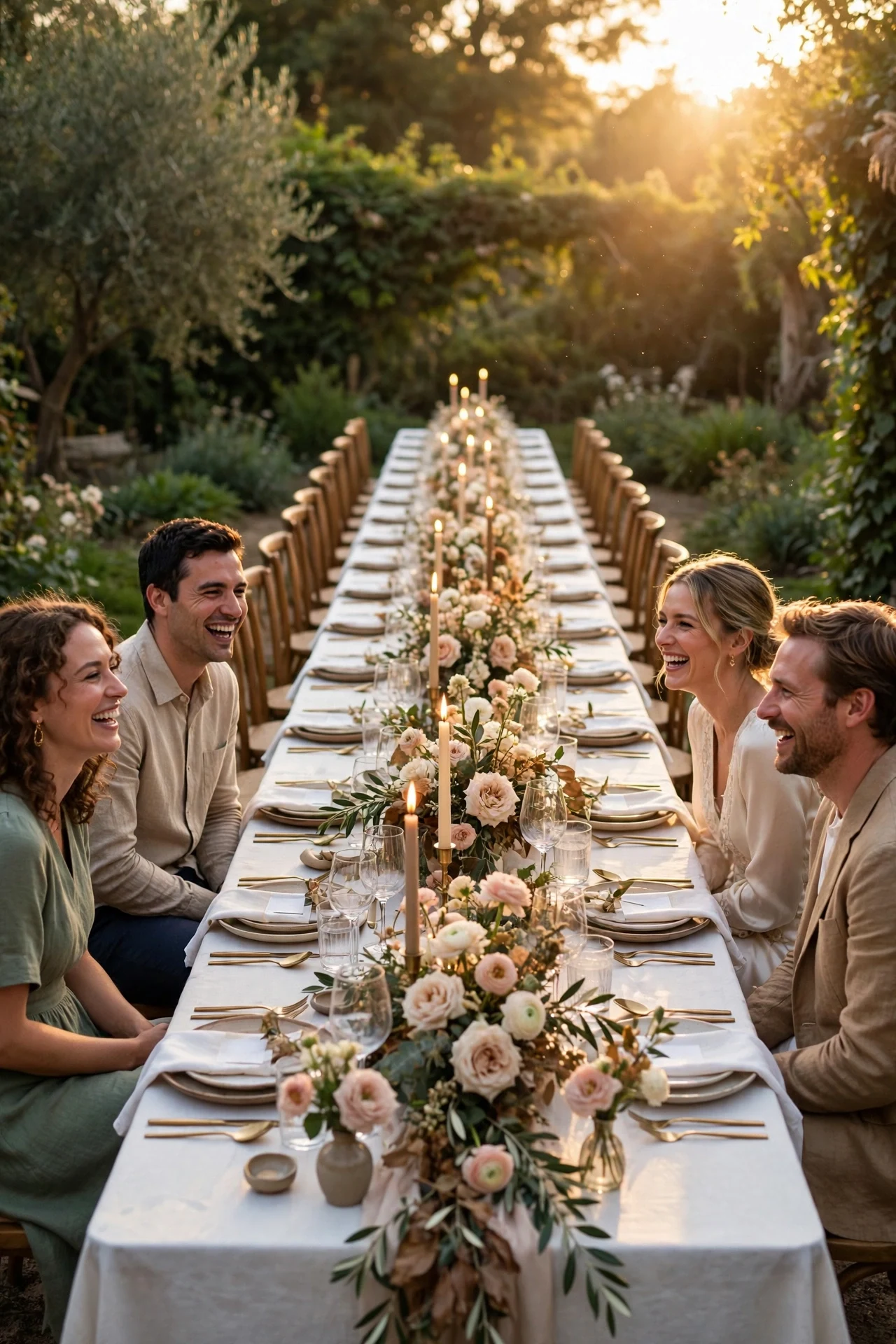 Small wedding ideas: a long outdoor banquet table set for a wedding feast at golden hour with candles and blush flowers