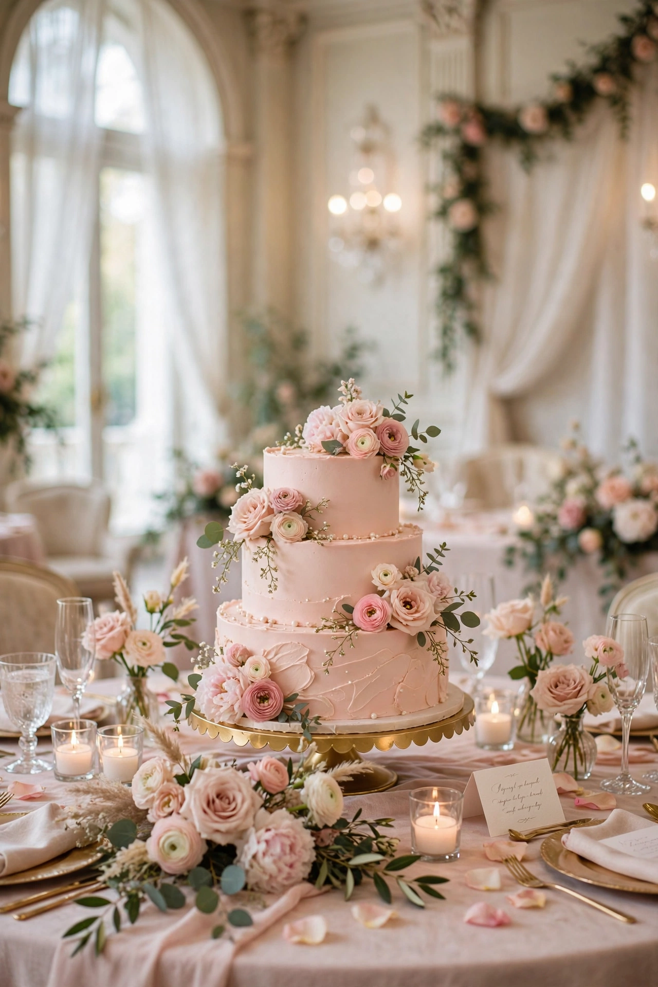 Blush pink wedding cake with roses as the centerpiece of a styled cake table