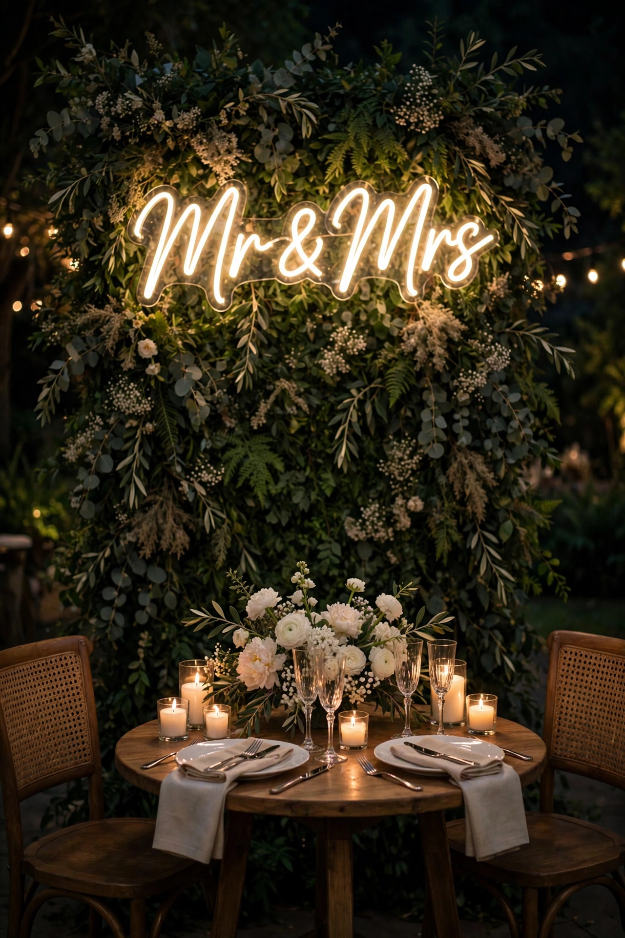 Wedding sweetheart table with glowing Mr and Mrs neon sign on greenery wall behind