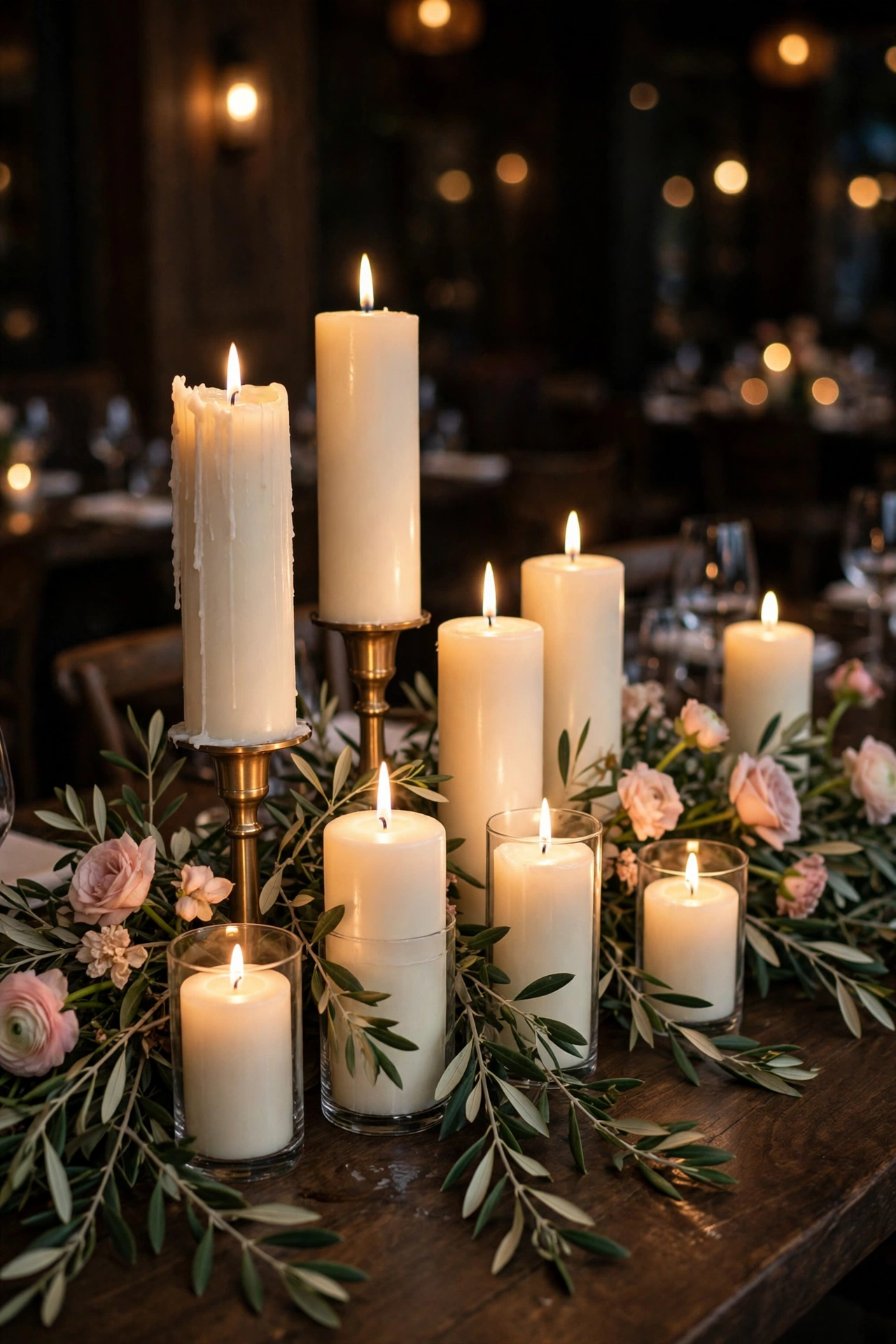 Mixed-height pillar candle groupings with olive greenery on a dark wood rehearsal dinner table at night