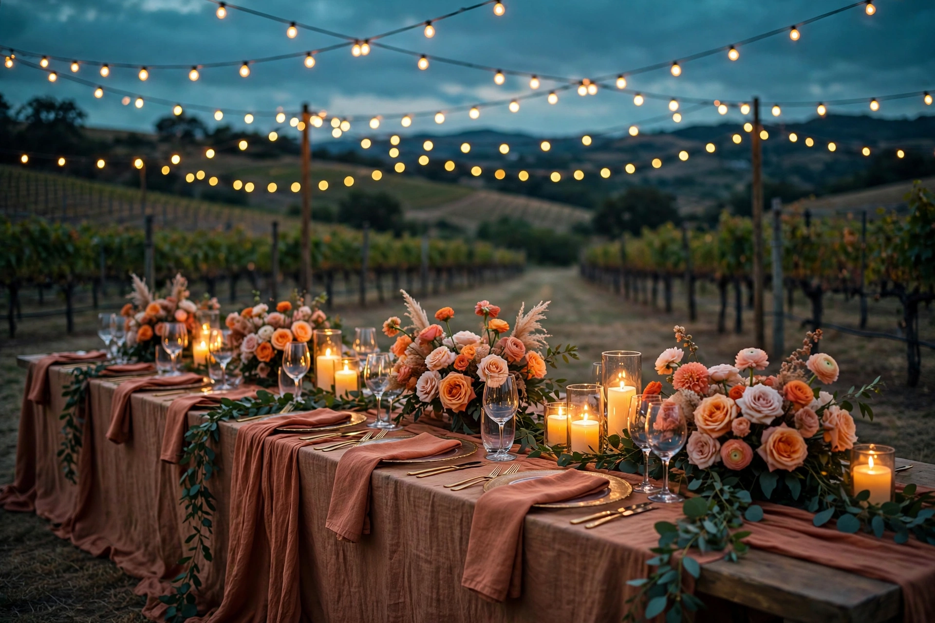 Wedding table decor at dusk — long vineyard table with terracotta runner, orange floral centerpieces and glowing candles